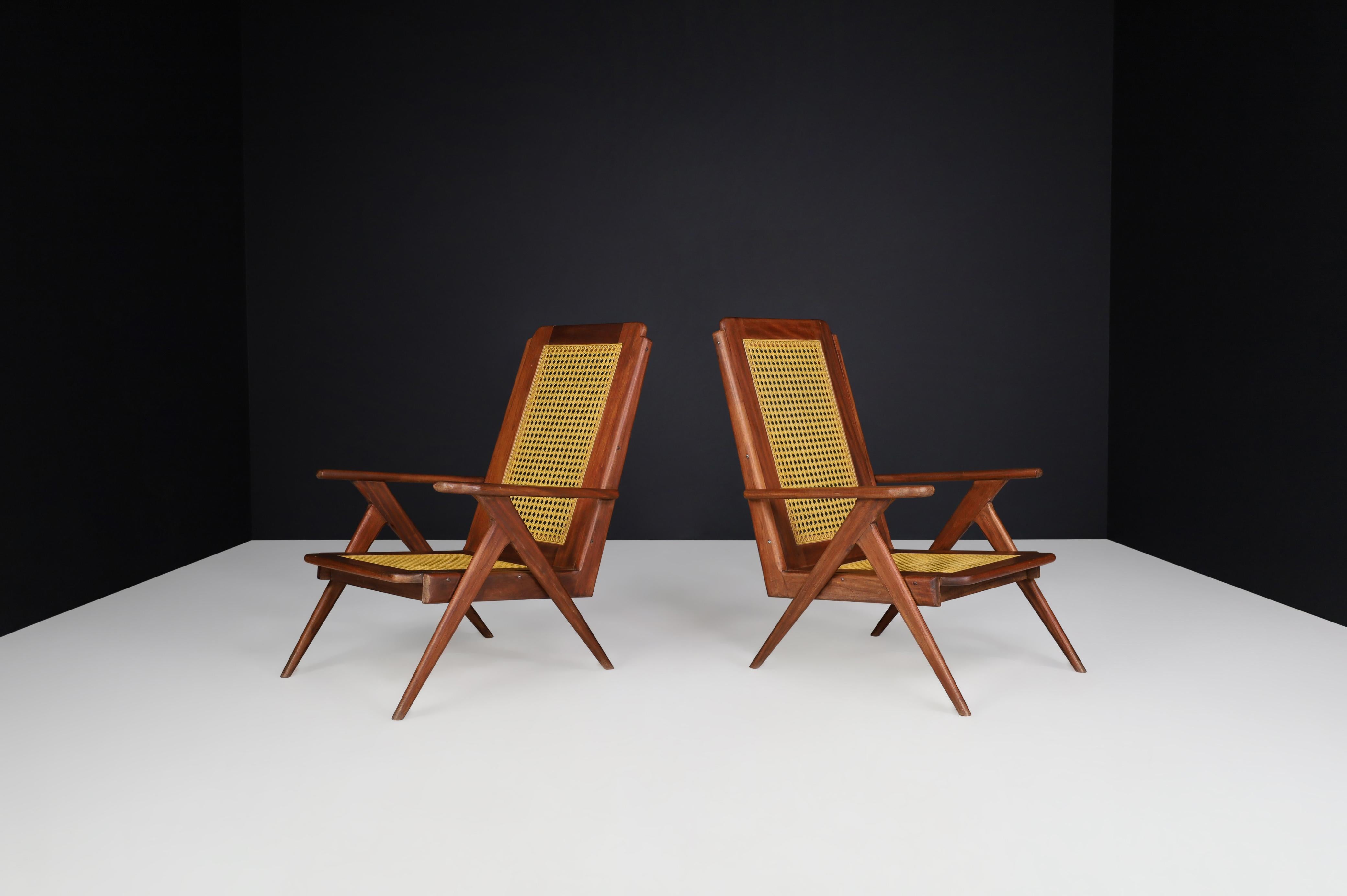 Lounge Chairs with Mahogany structure and Webbing, France 1950s For Sale 11
