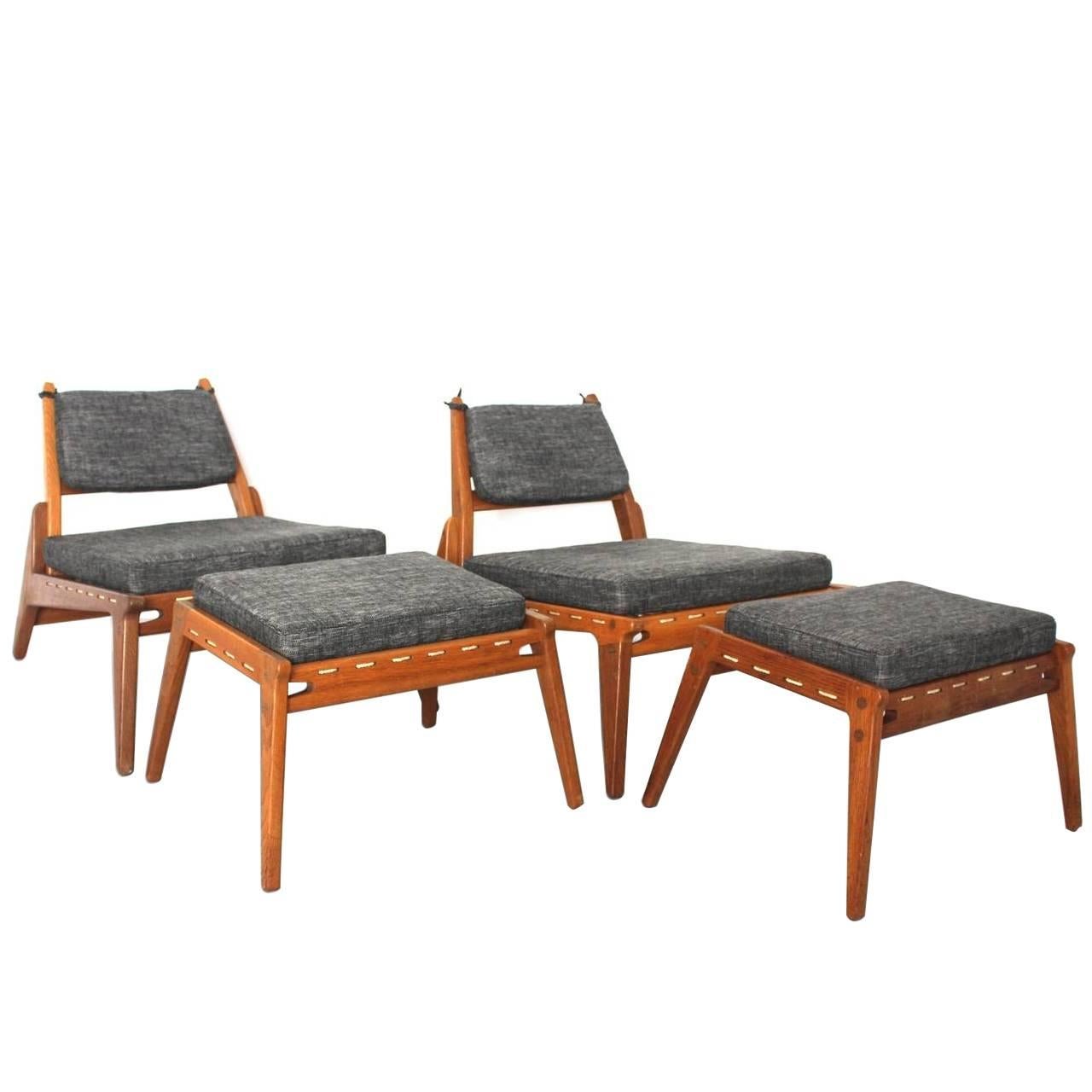 Mid Century Modern Oak Wood Vintage Organic Lounge Chairs with Ottoman c 1960