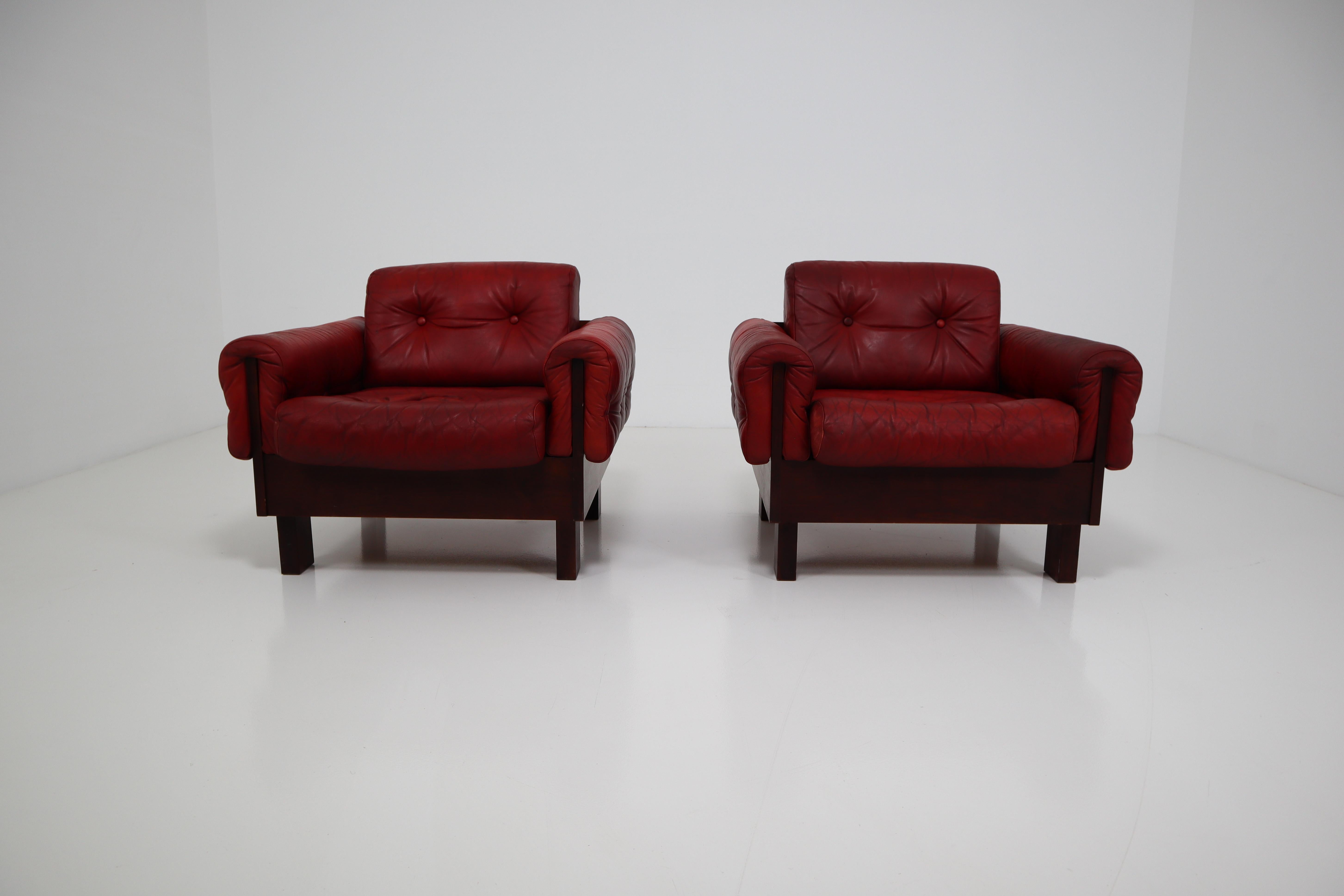 Mid-Century Modern Lounge Chairs with Tufted Red Leather, Austria, 1970s