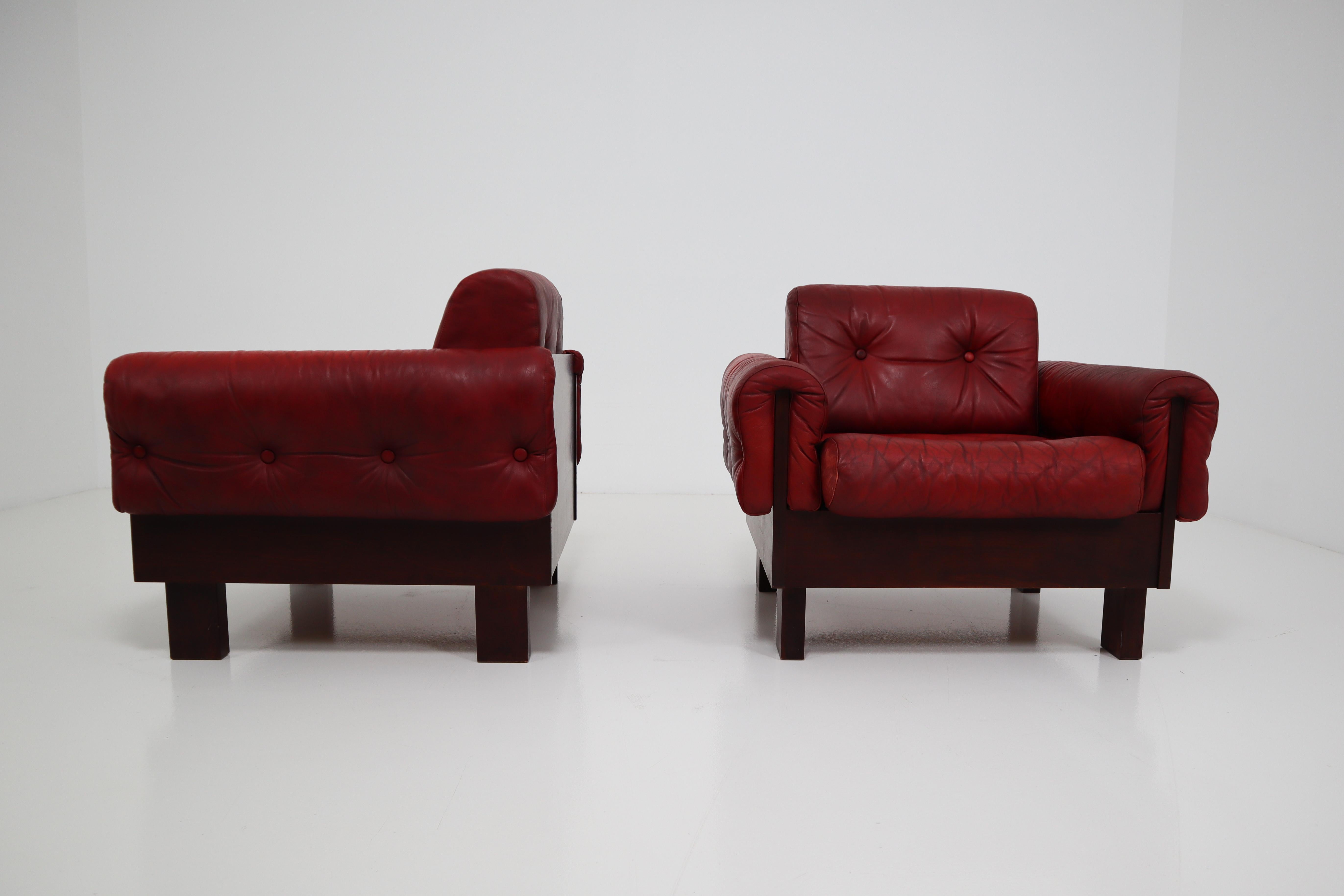Austrian Lounge Chairs with Tufted Red Leather, Austria, 1970s