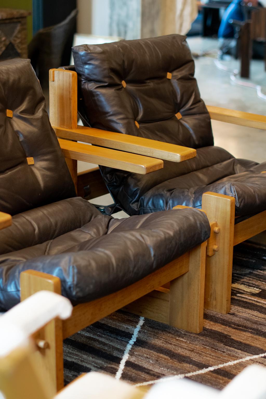 Leather Lounge Chairs with Wood Buttons