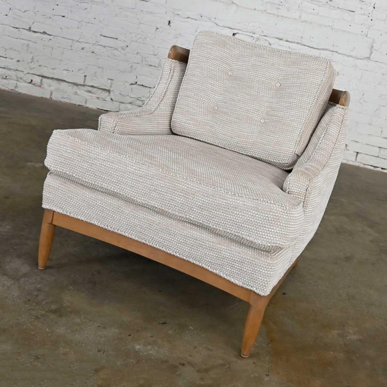 Stunning vintage Mid-Century Modern lounge or club chair attributed to Erwin Lambeth’s Sophisticate collection comprised of light hardwood with a cerused finish & reupholstered in an Italian off-white chenille dot fabric called Zamba by Matthew