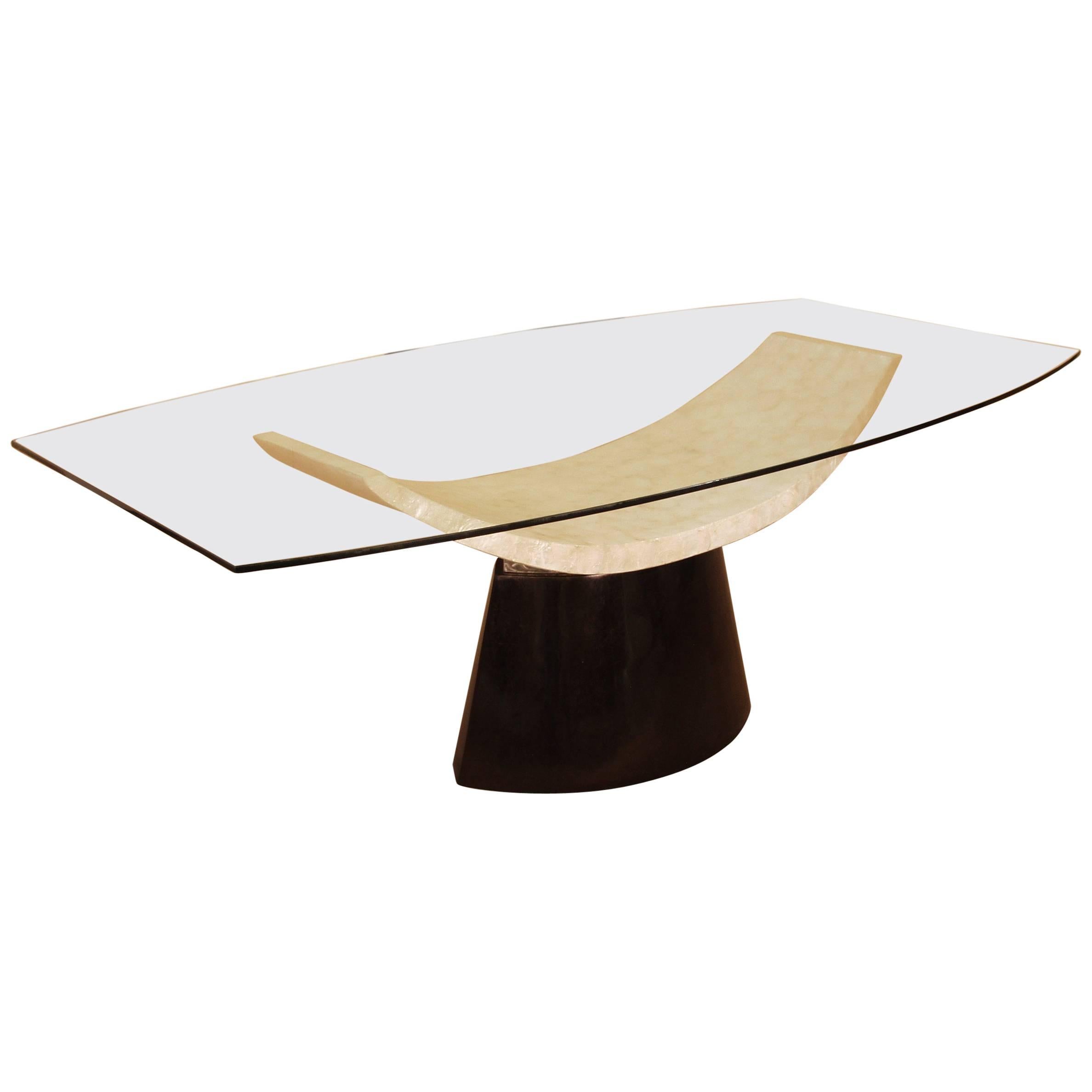 "Lounge" Dining Table in Black Tessellated Stone and White Capiz Shell For Sale
