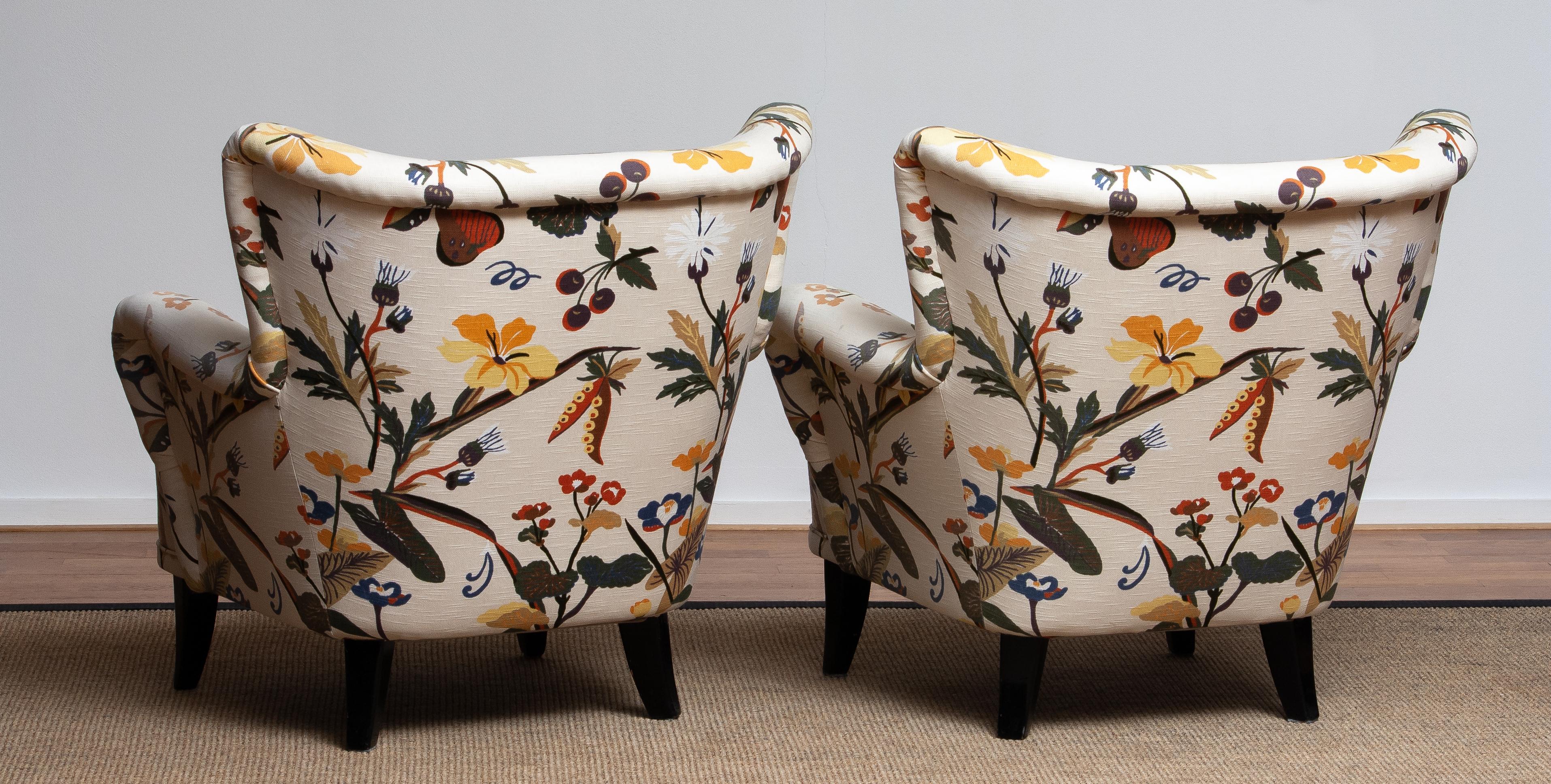 Lounge/Easy Chairs by Ilmari Lappalainen for Asko with Josef Frank Fabric, Pair 8