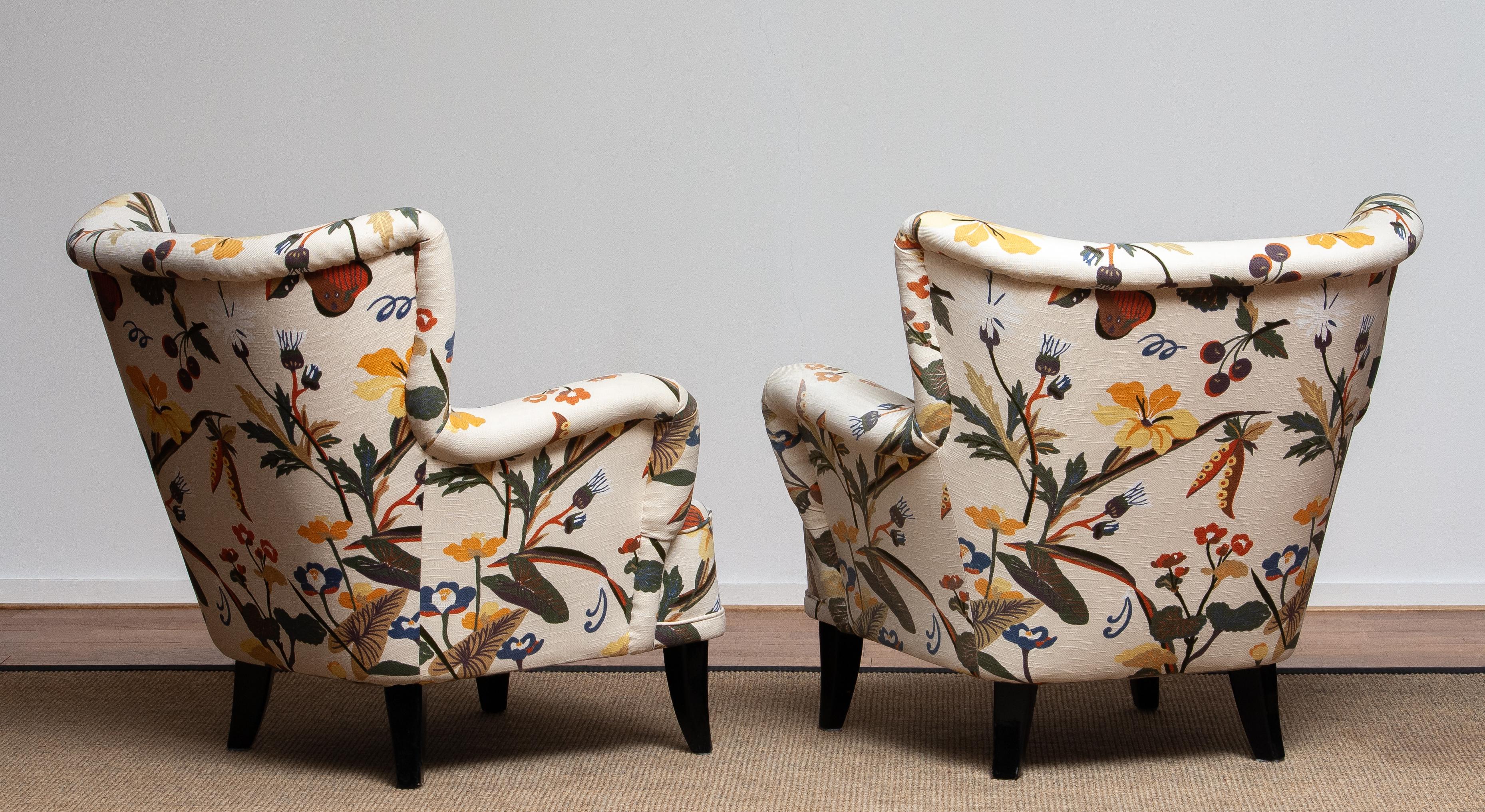 Lounge/Easy Chairs by Ilmari Lappalainen for Asko with Josef Frank Fabric, Pair 8