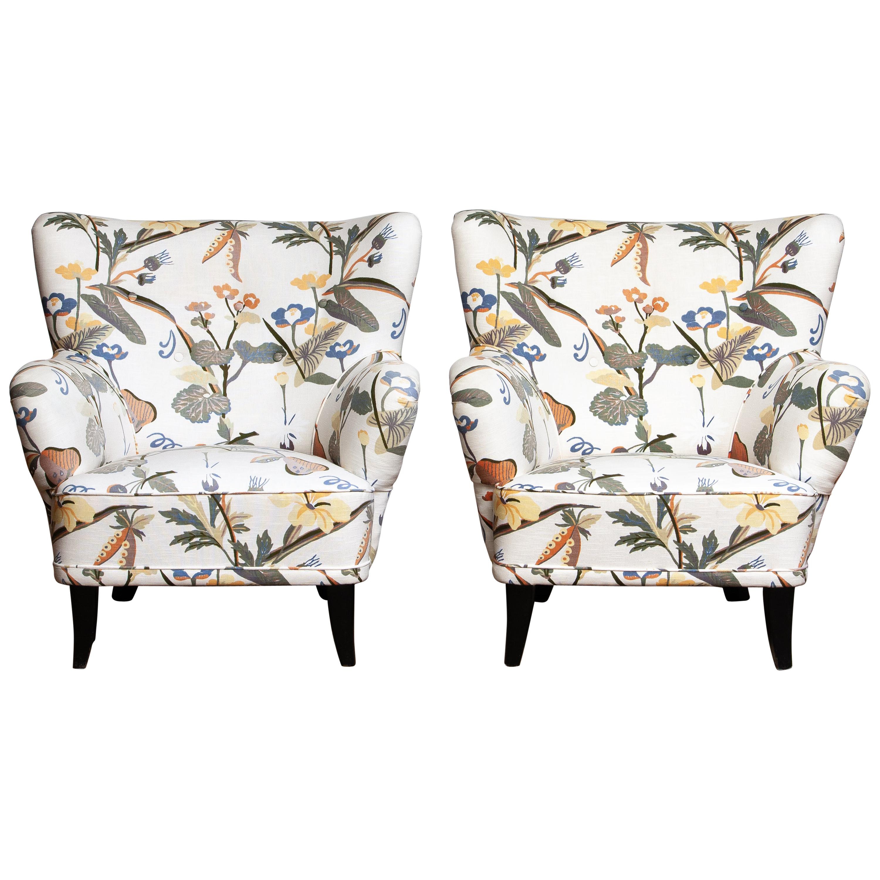 Mid-20th Century Lounge/Easy Chairs by Ilmari Lappalainen for Asko with Josef Frank Fabric, Pair