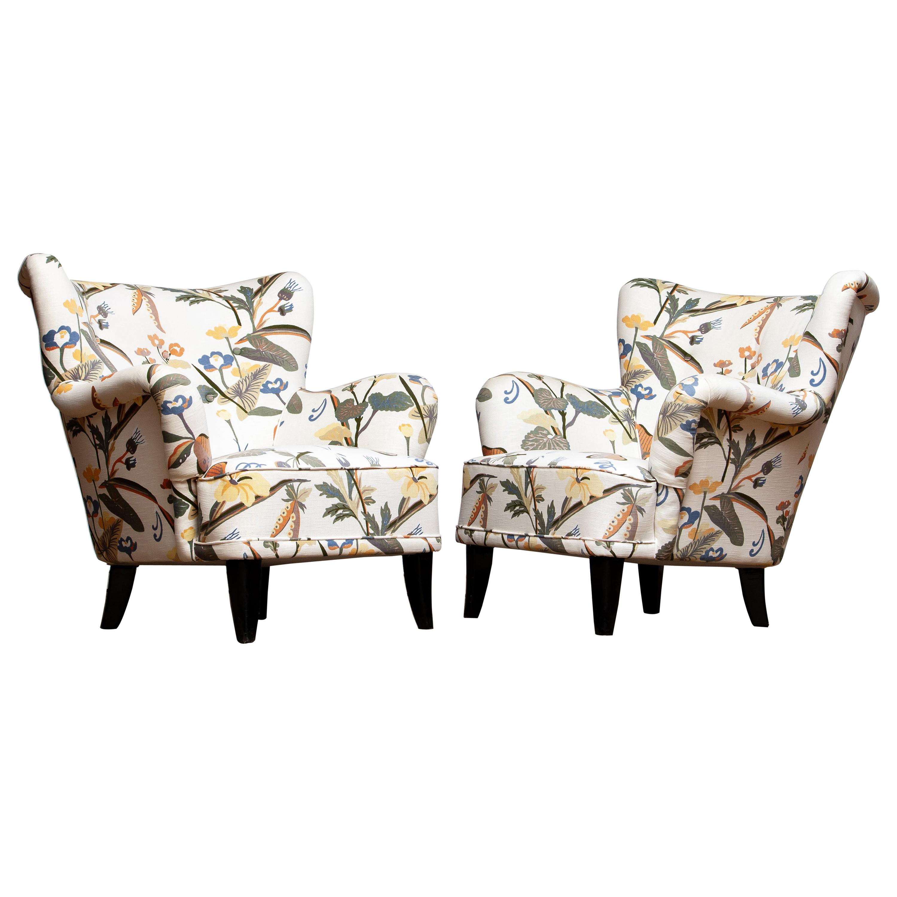 Lounge/Easy Chairs by Ilmari Lappalainen for Asko with Josef Frank Fabric, Pair 2