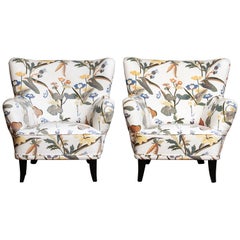 Lounge/Easy Chairs by Ilmari Lappalainen for Asko with Josef Frank Fabric, Pair