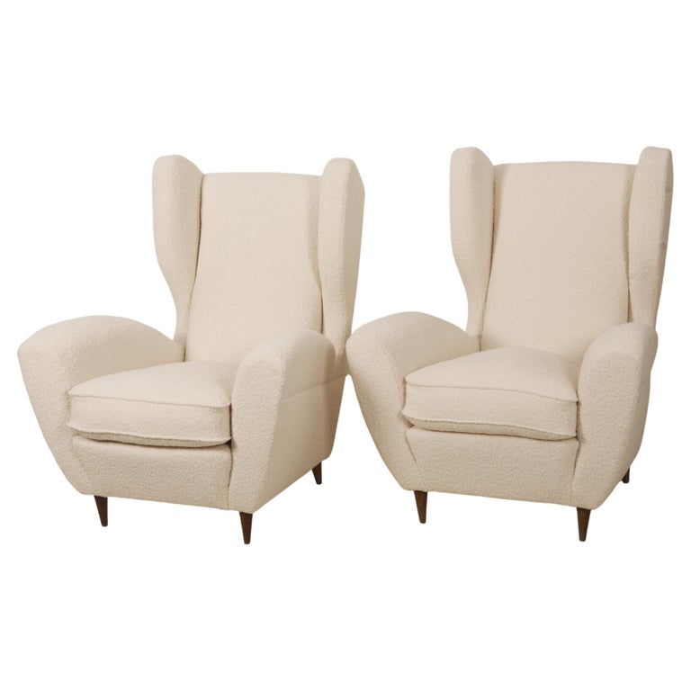 Lounge or Wingback Chairs in Cream Bouclé by Melchiorre Bega For Sale