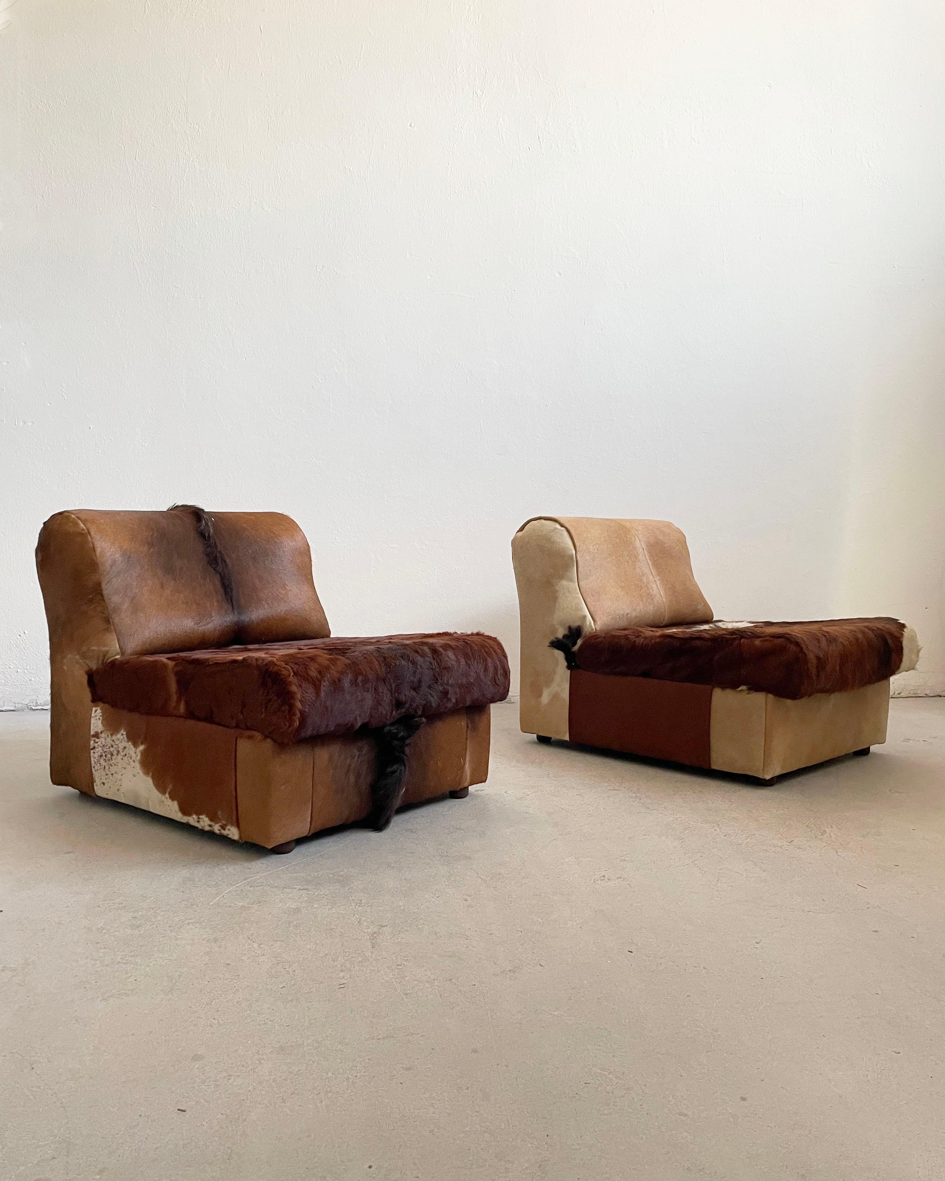 Mid-Century Modern Lounge Seating Set, Sofa + Chairs in Cow Hide, Cow Fur, 1970's For Sale