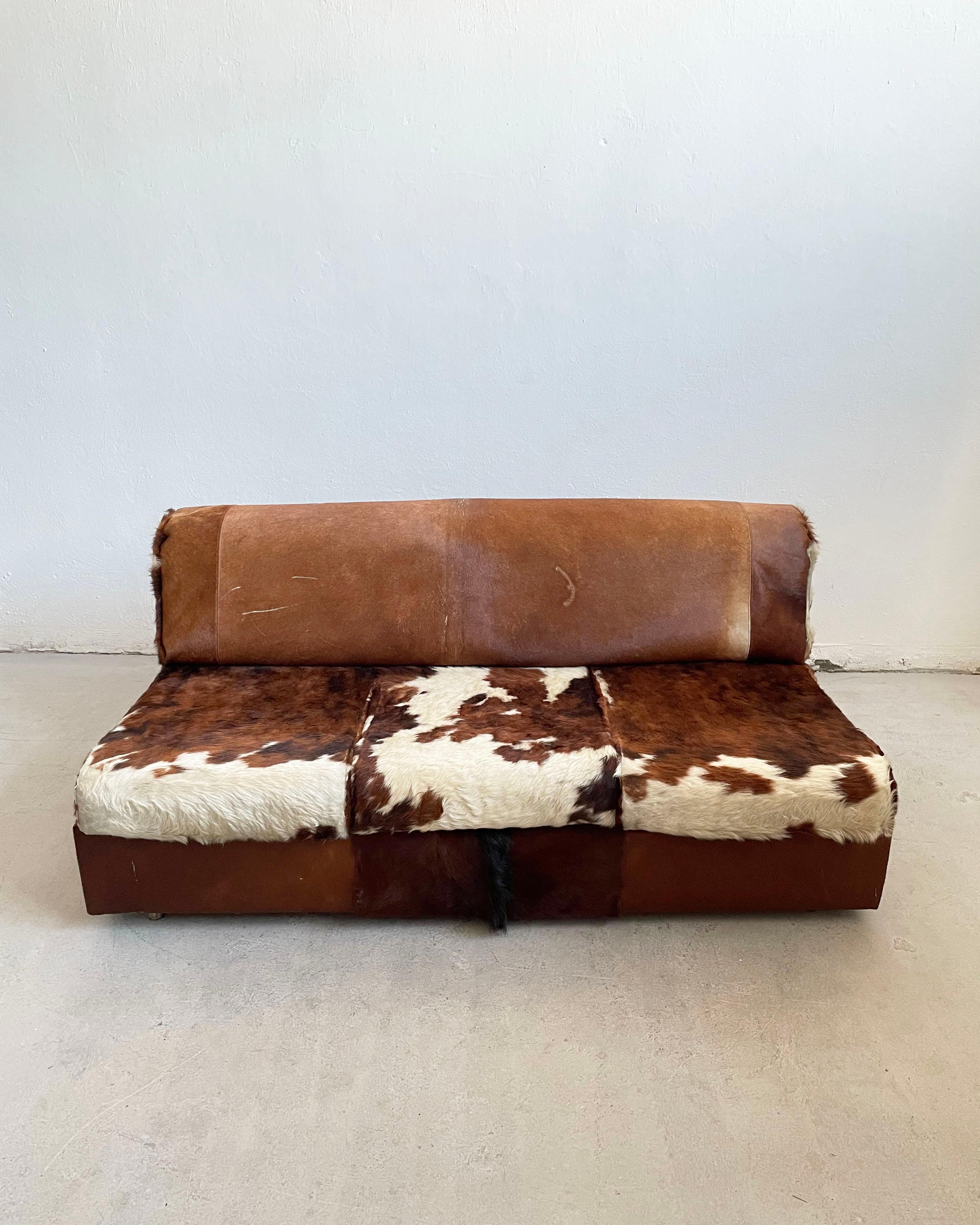 European Lounge Seating Set, Sofa + Chairs in Cow Hide, Cow Fur, 1970's For Sale