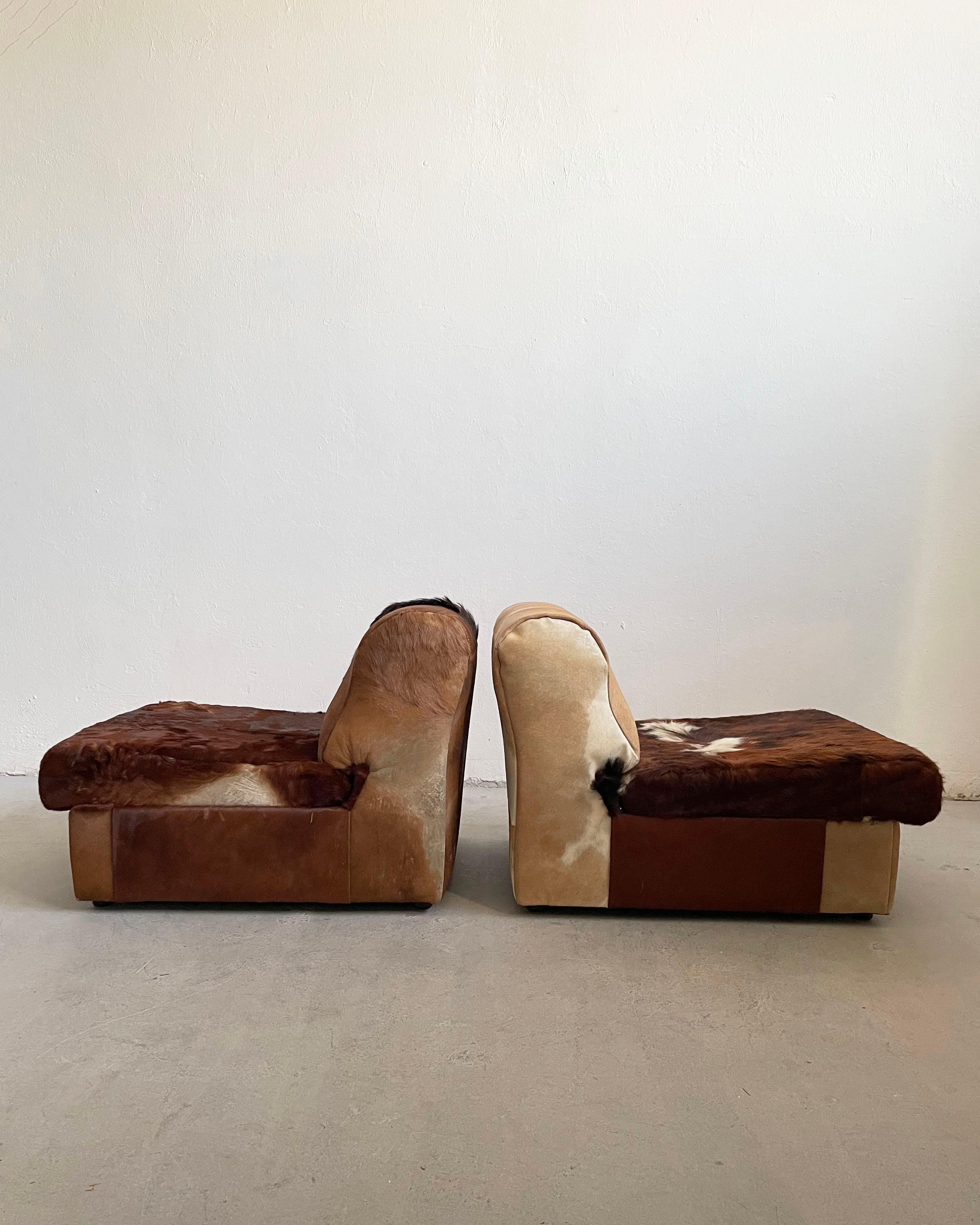 European Lounge Seating Set, Sofa + Chairs in Cow Hide, Cow Fur, 1970's For Sale
