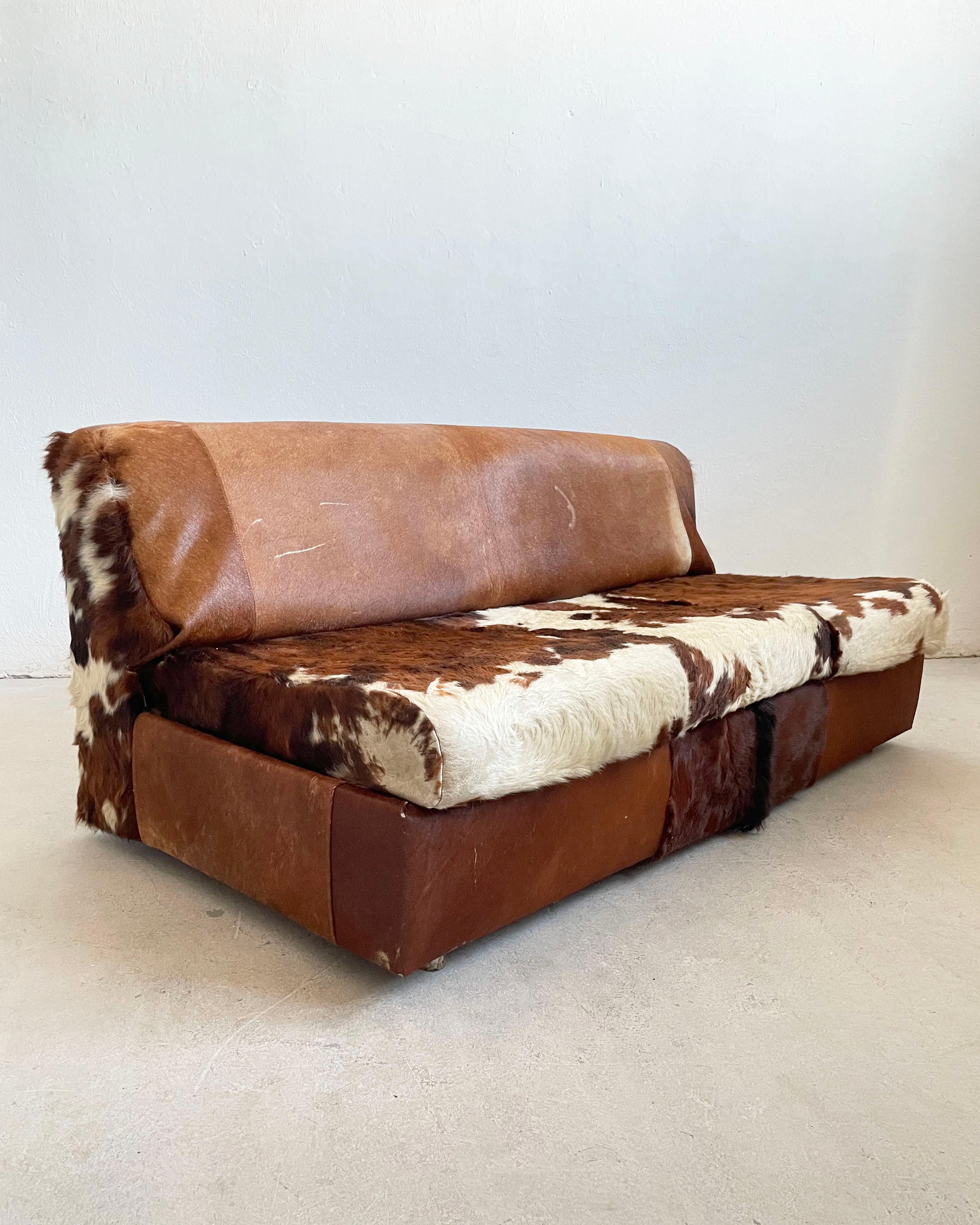 Late 20th Century Lounge Seating Set, Sofa + Chairs in Cow Hide, Cow Fur, 1970's For Sale