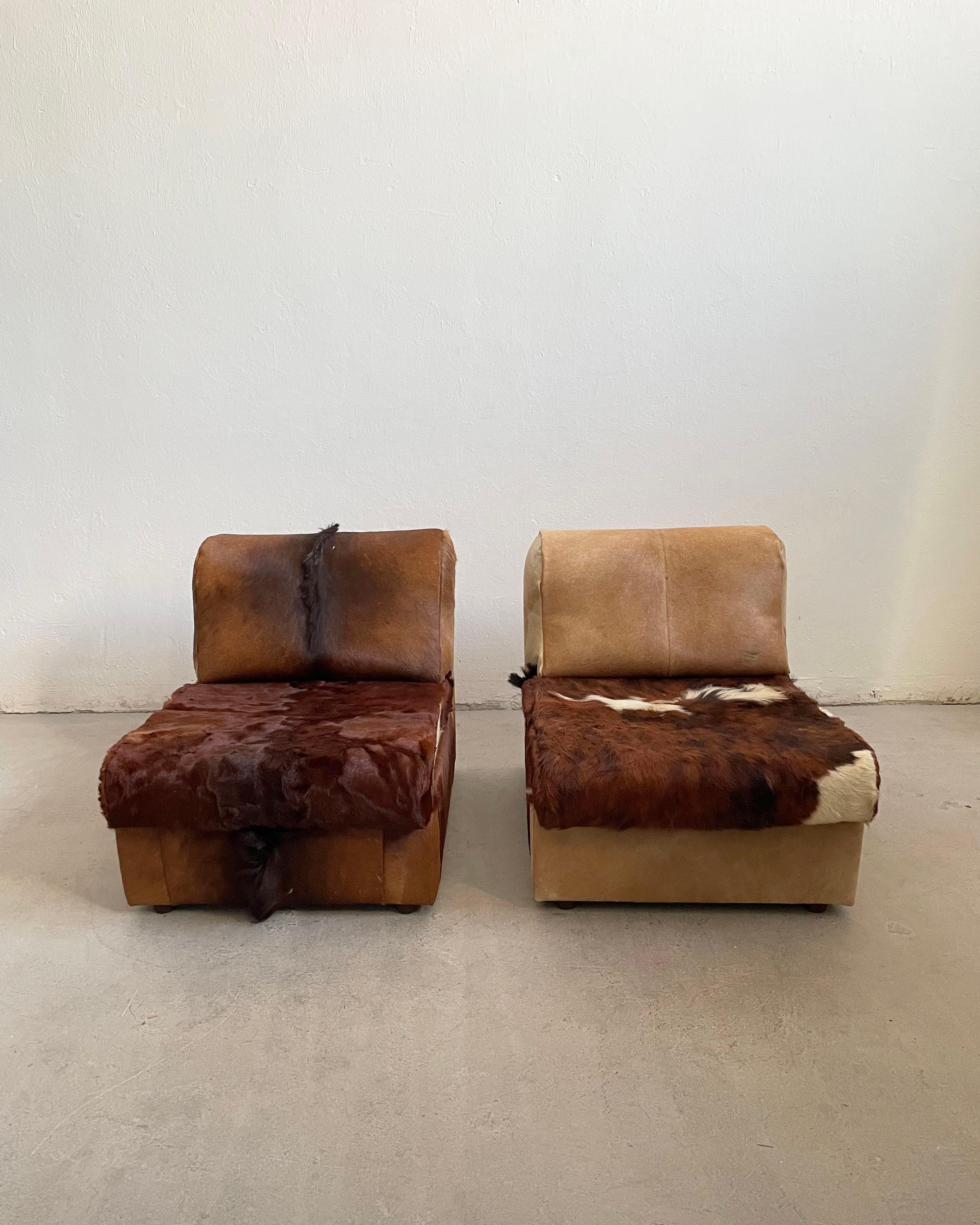 Cowhide Lounge Seating Set, Sofa + Chairs in Cow Hide, Cow Fur, 1970's For Sale