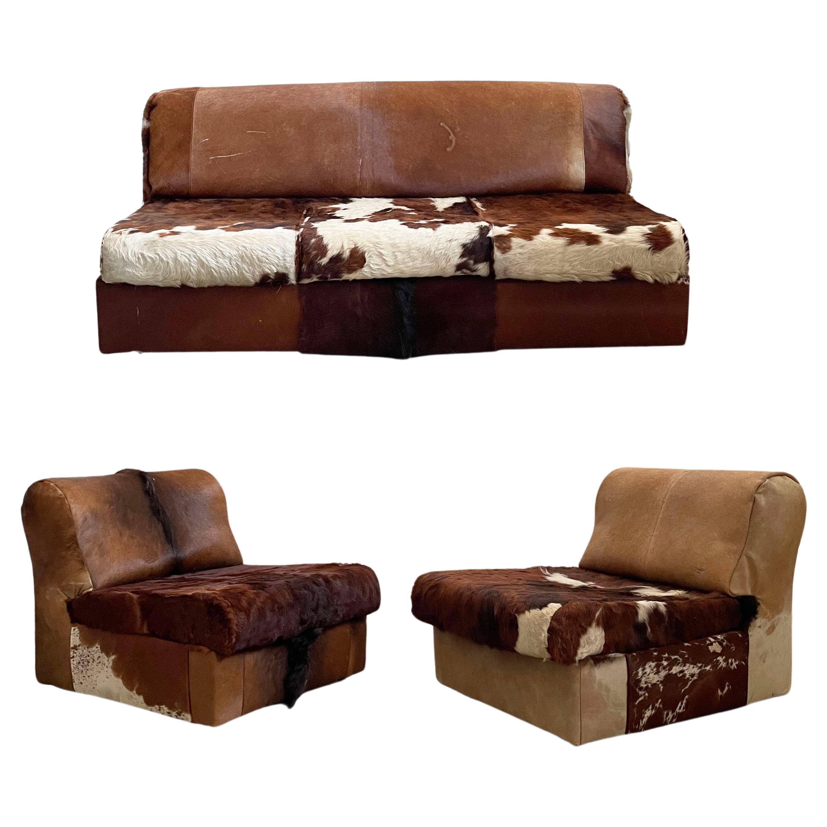 Lounge Seating Set, Sofa + Chairs in Cow Hide, Cow Fur, 1970's For Sale