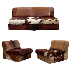 Lounge-Sessel, Sofa + Stühle aus Rindsleder, Kuhfell, 1970er Jahre