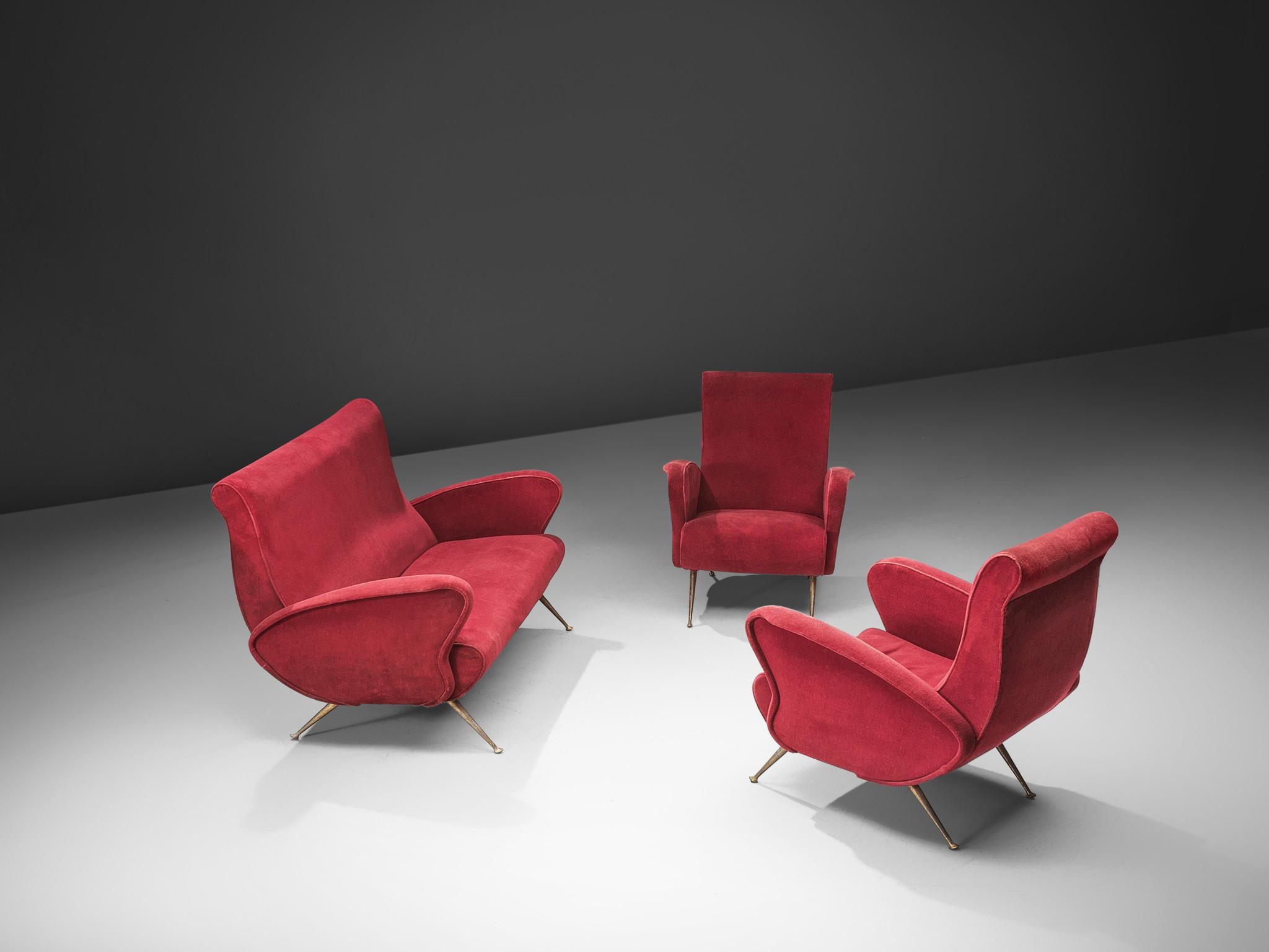Lounge Set in Red Velvet and Brass 3