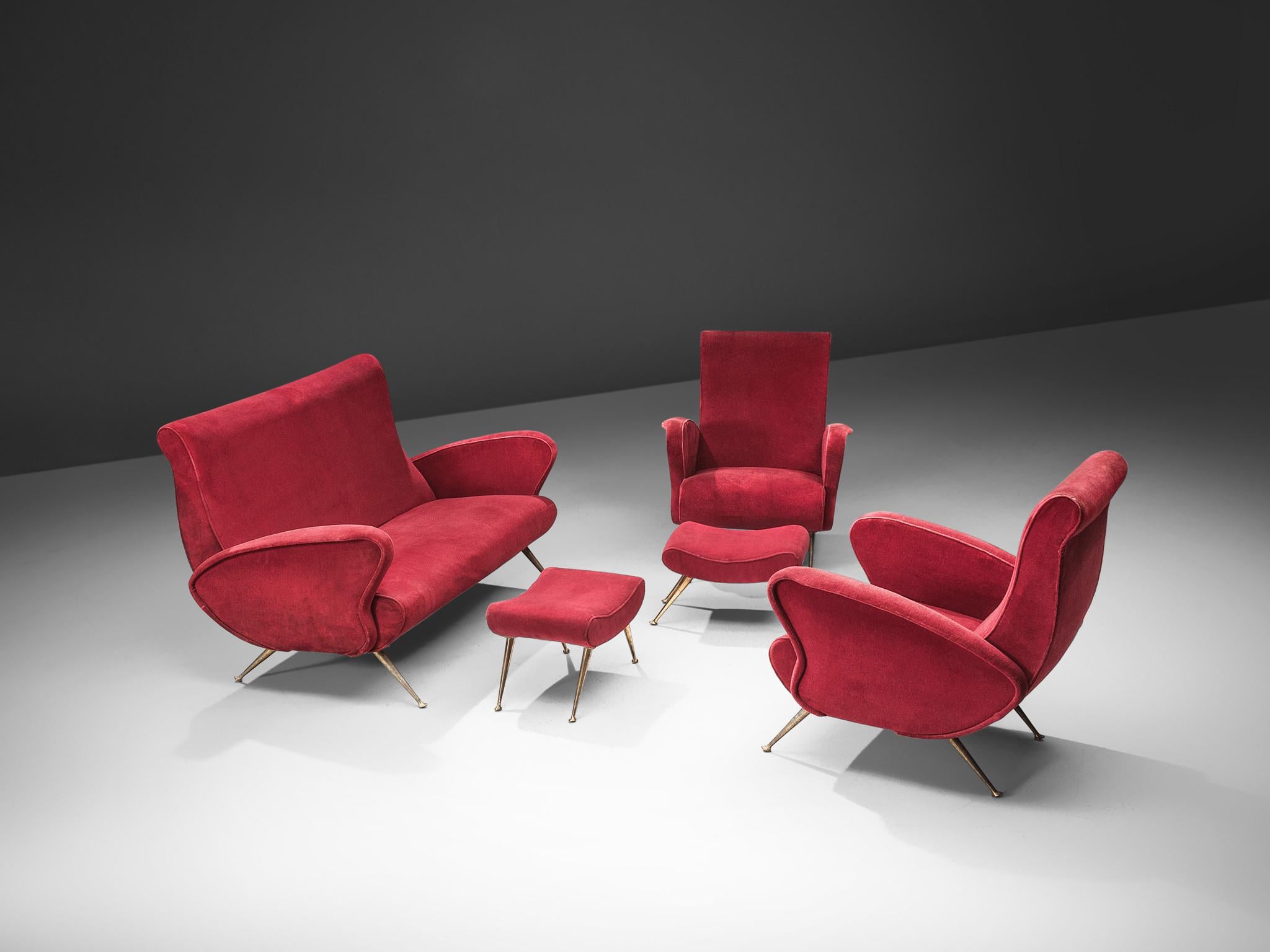 Lounge Set in Red Velvet and Brass 4