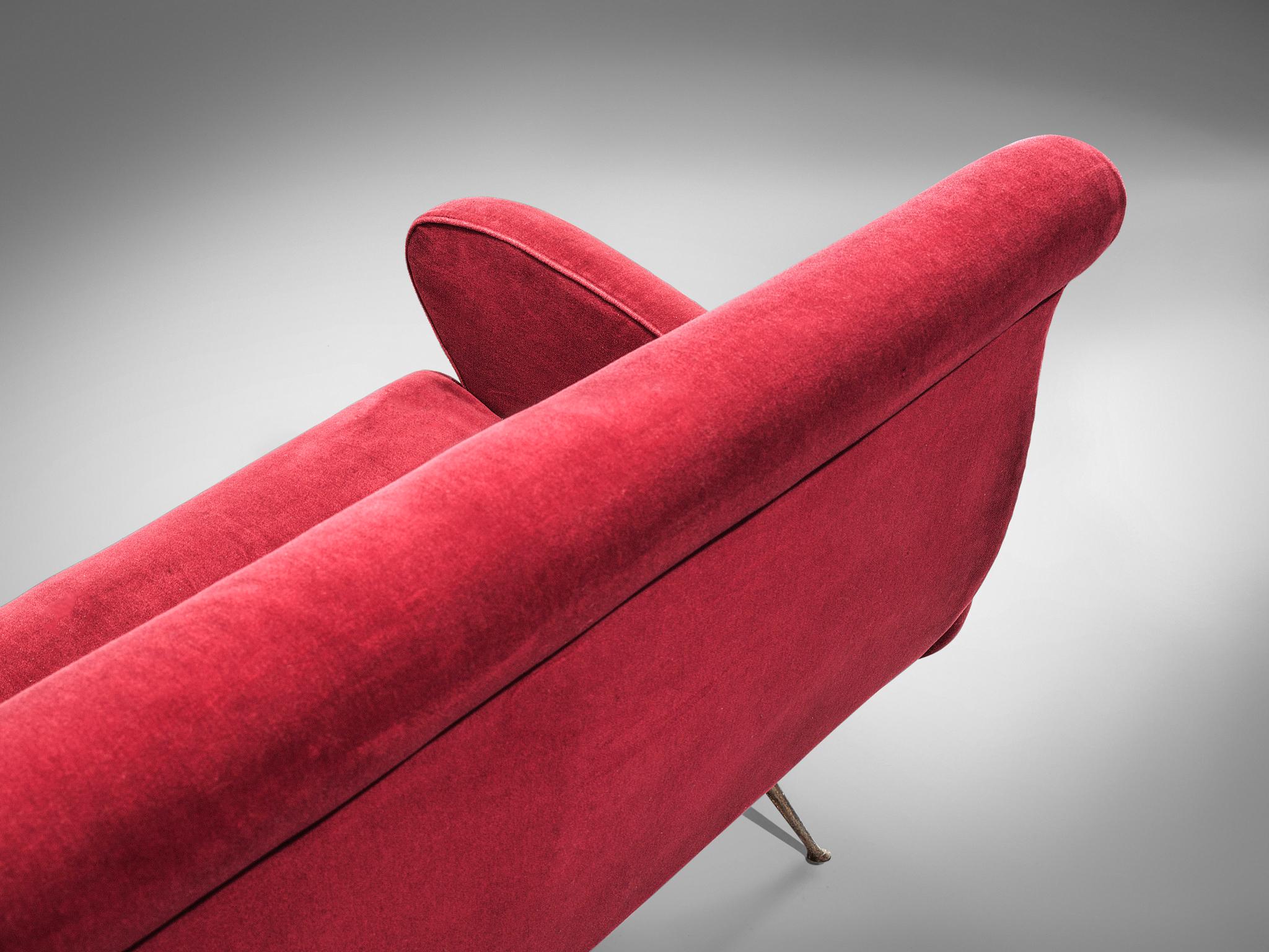 Mid-20th Century Lounge Set in Red Velvet and Brass For Sale