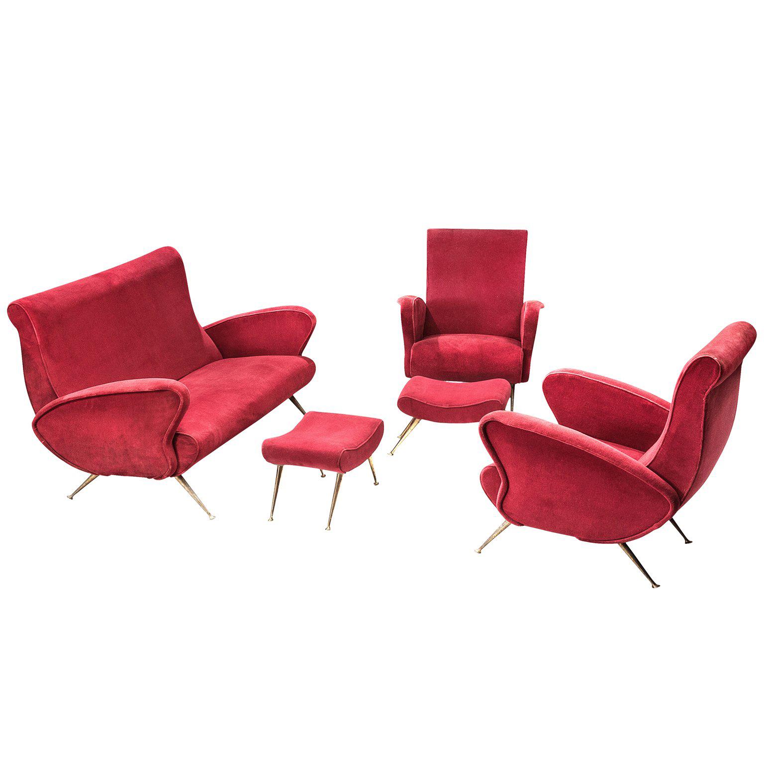 Lounge Set in Red Velvet and Brass