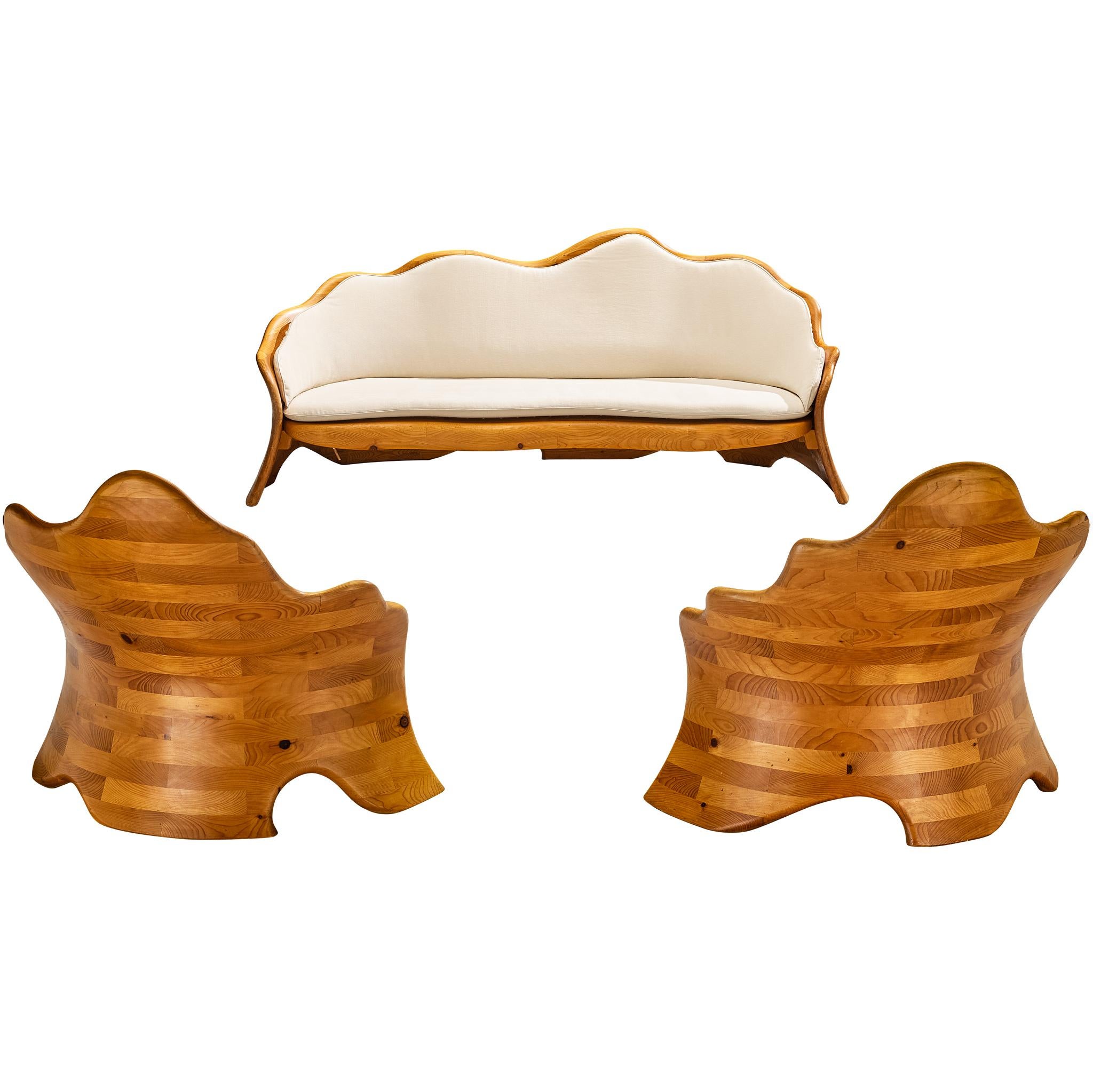 Lounge Set with Organic Shaped Wavy Sofa and Chairs in Pine
