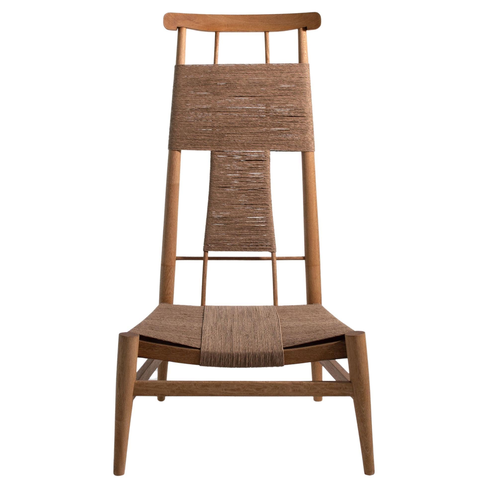 Sedia da salotto, laterale o d'accento con schienale alto OFICIAL, in Wood Wood e carta danese Corde
