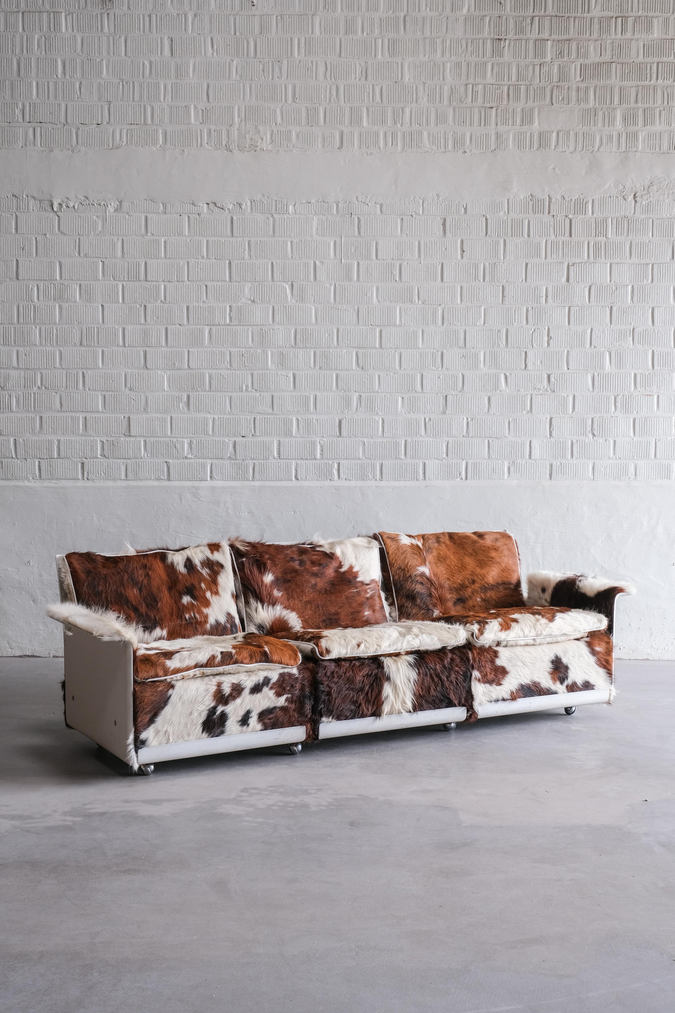Erstaunliches Loungesofa von Dieter Rams, gepolstert mit Kuhhäuten. 
Dieses Sofa ist in sehr gutem Zustand. 