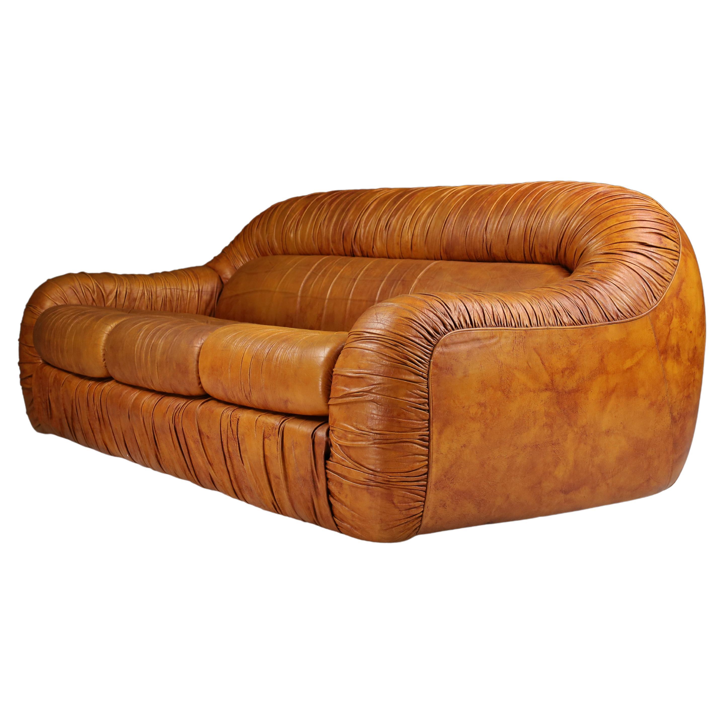 Lounge Sofa in Cognac Leather by George Bighinello for Eurosalotto, Italy, 1970s For Sale