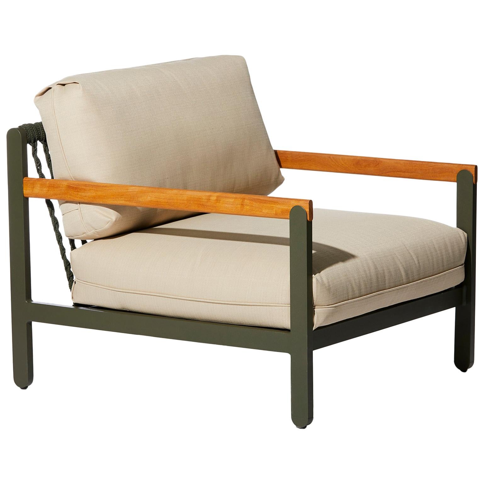 Lounge Style Minimalist Armchair, Indoor or Outdoor, Hardwood, Metal and Rope