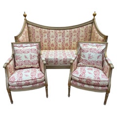 Lounge suite canapé and pair of bergères – Louis XVI Period – Repainted wood and