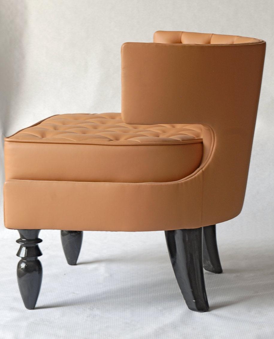 Mid-Century Modern Lounge Tufted Armchair, Italian Fiore Leather, Black Lacquered Ponti Style Legs