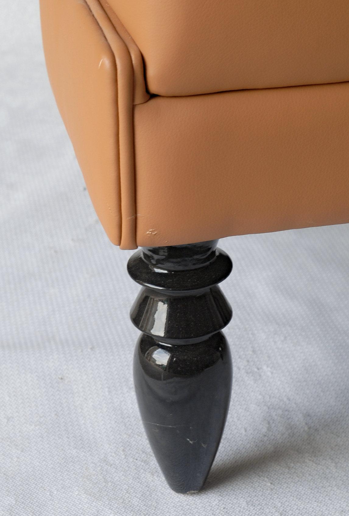 Contemporary Lounge Tufted Armchair, Italian Fiore Leather, Black Lacquered Ponti Style Legs