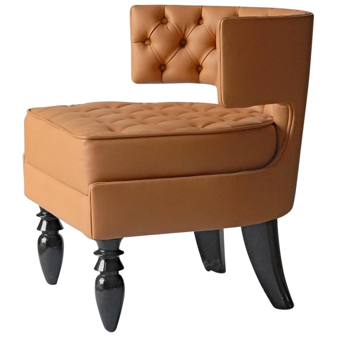 Lounge Tufted Armchair, Italian Fiore Leather, Black Lacquered Ponti Style Legs