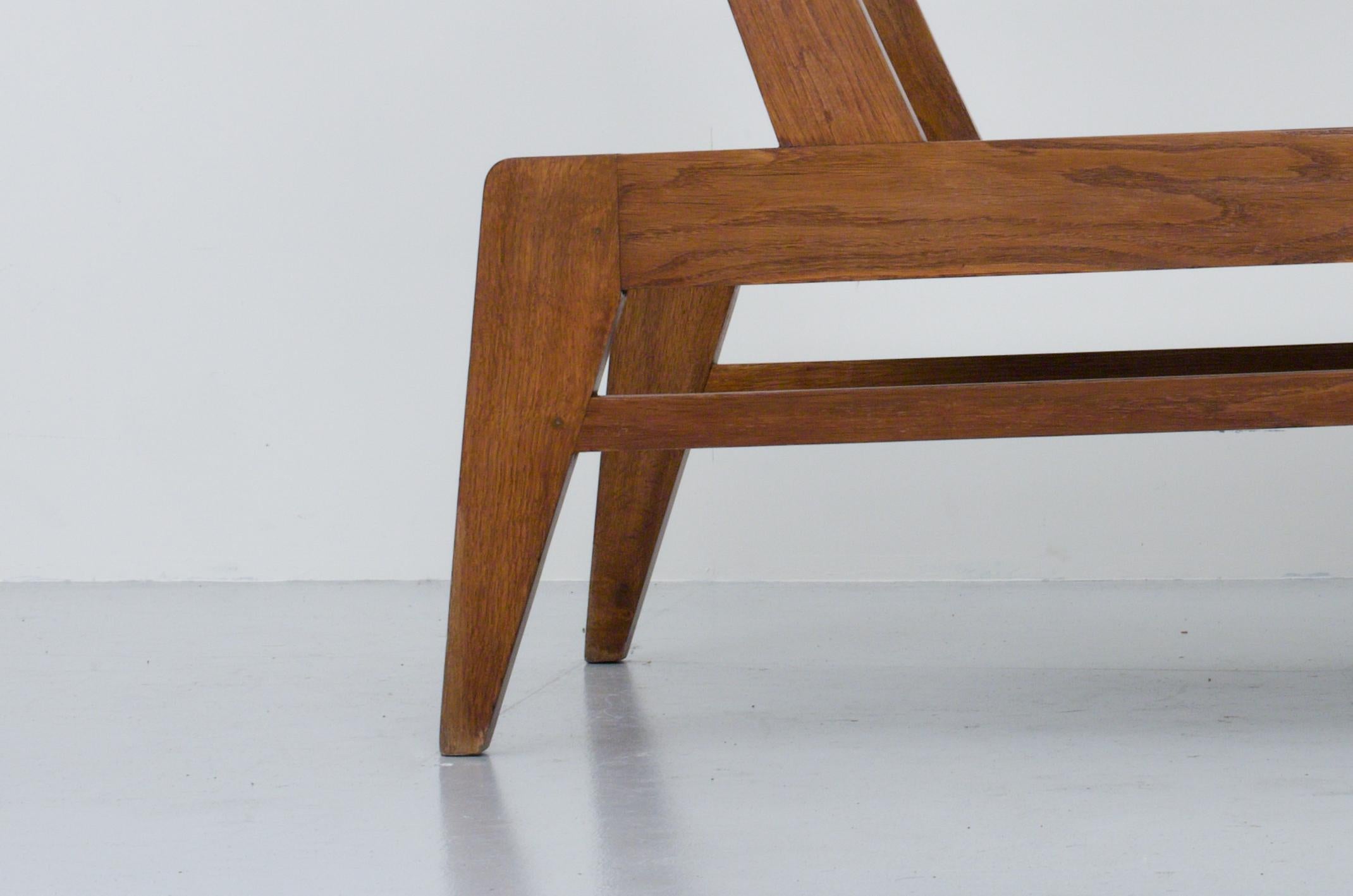 Mid-20th Century Loungechair by René Gabriel in Solid Oak and Fabric, France, 1940