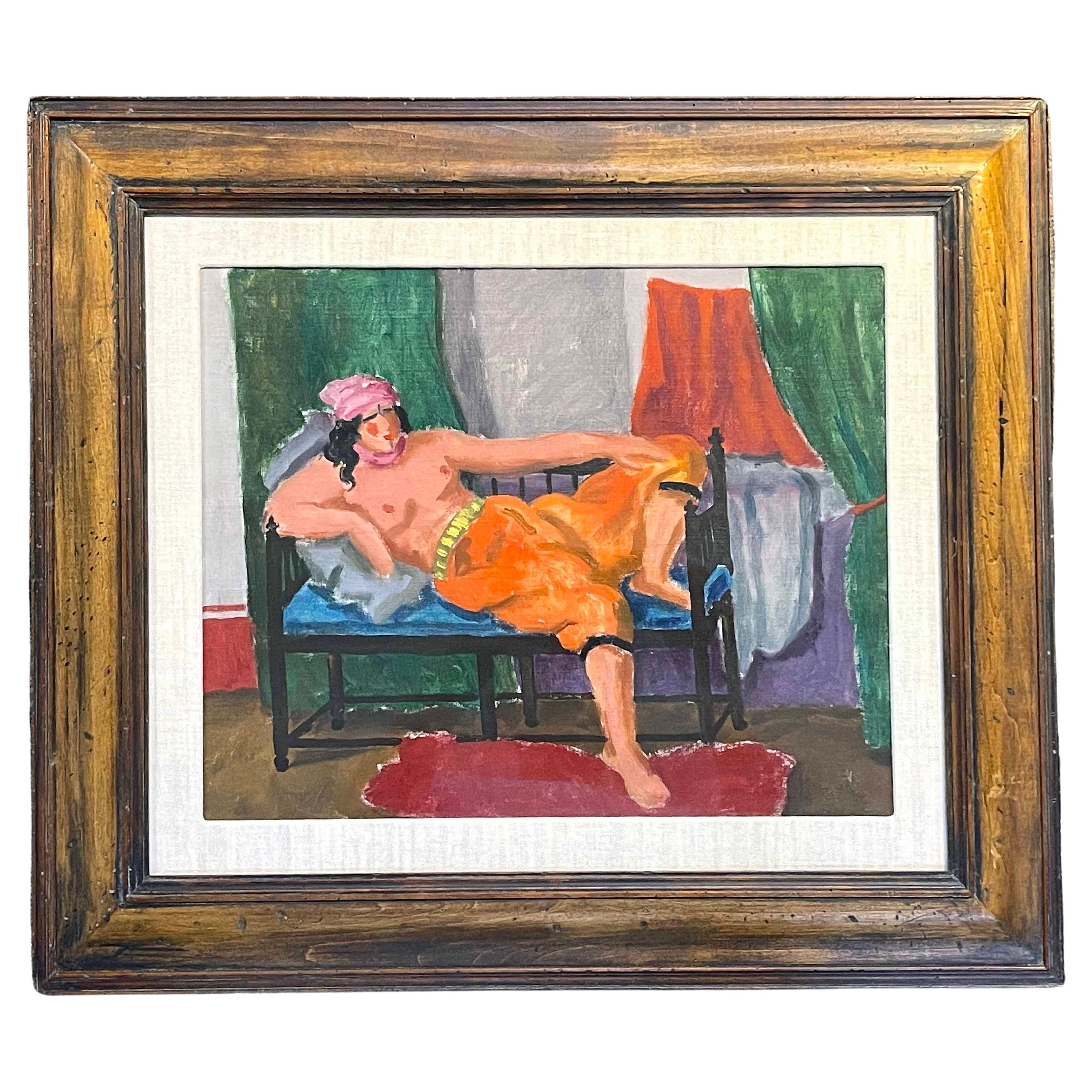 Painted in a brilliant palette of orange, deep red, sky blue and forest green, this scene of a half nude female figure lounging on a black settee probably dates to the 1930s when Salvatore Pinto visited Marrakesh and painted many scenes there.  Born