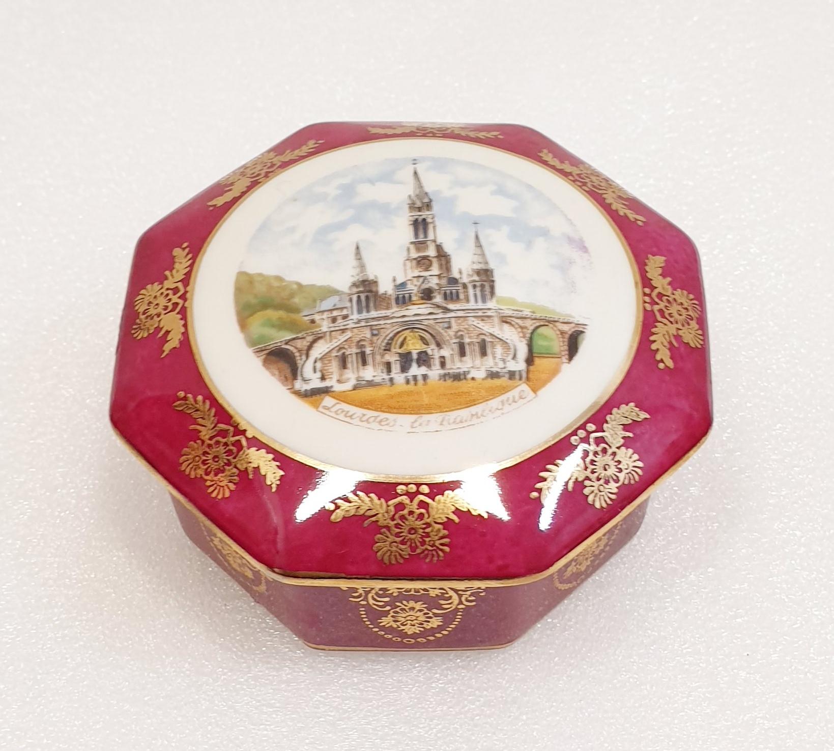 French Lourdes Limoges France Vintage Round Porcelain Garnet Gold Trinket Box For Sale