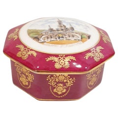Lourdes Limoges France Vintage Round Porcelain Garnet Gold Trinket Box