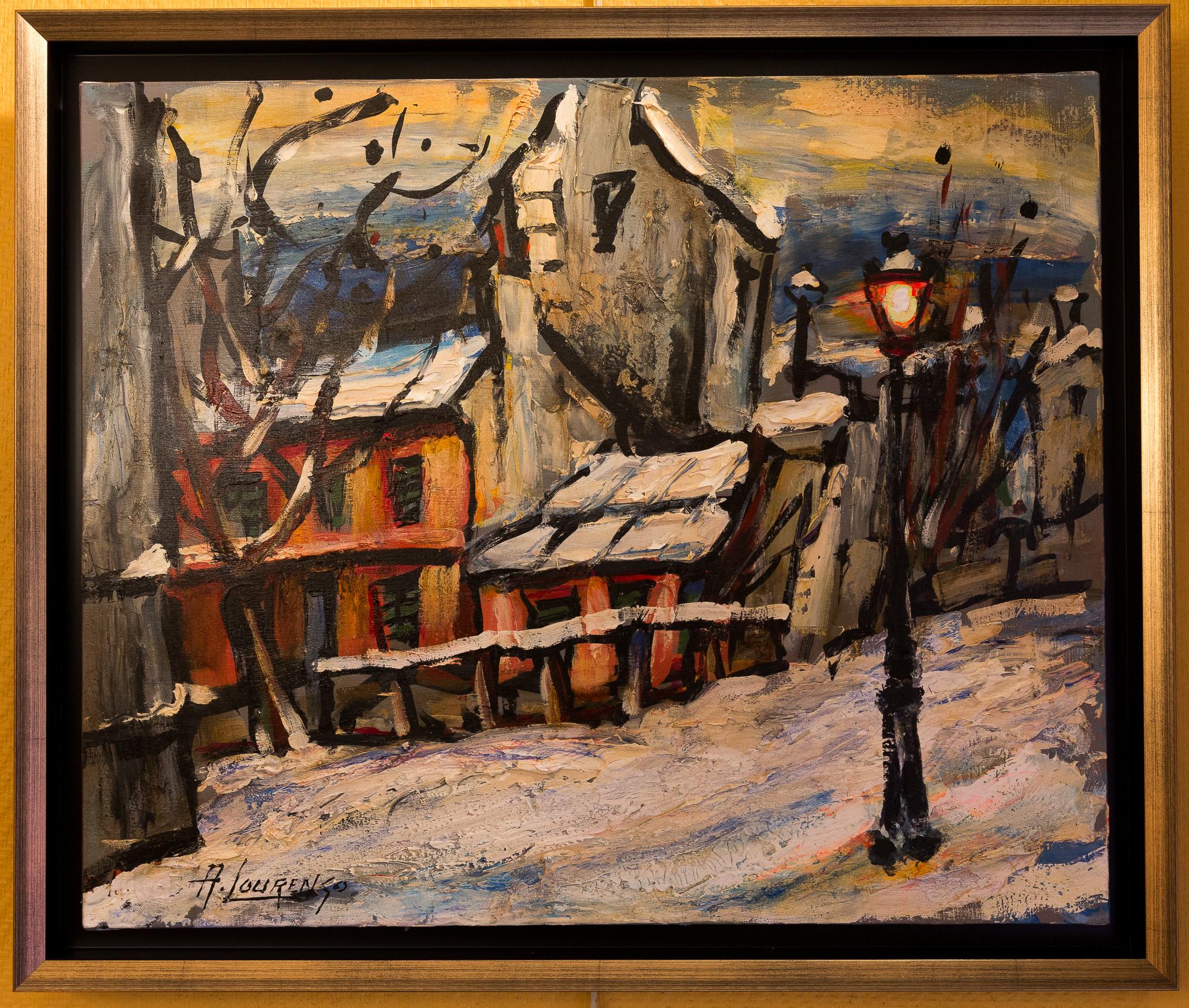An interesting and decorative oil on canvas depicting The Montmartre, circa 1920s Le Lapin Agile. Lapin Agile is a famous Montmartre Cabaret at Rue des Saules 22. It is a favorite spot for Picasso, Modigliani, Apollinaire, and Utrillo.

Armand
