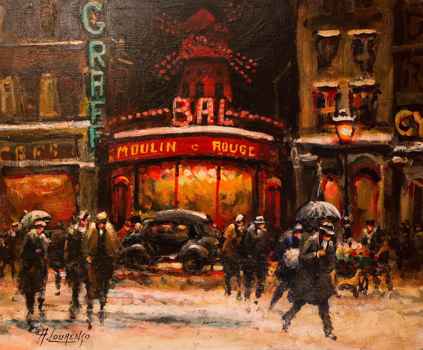 French Lourenco Armand Oil on Canvas Paris View of the Moulin Rouge For Sale