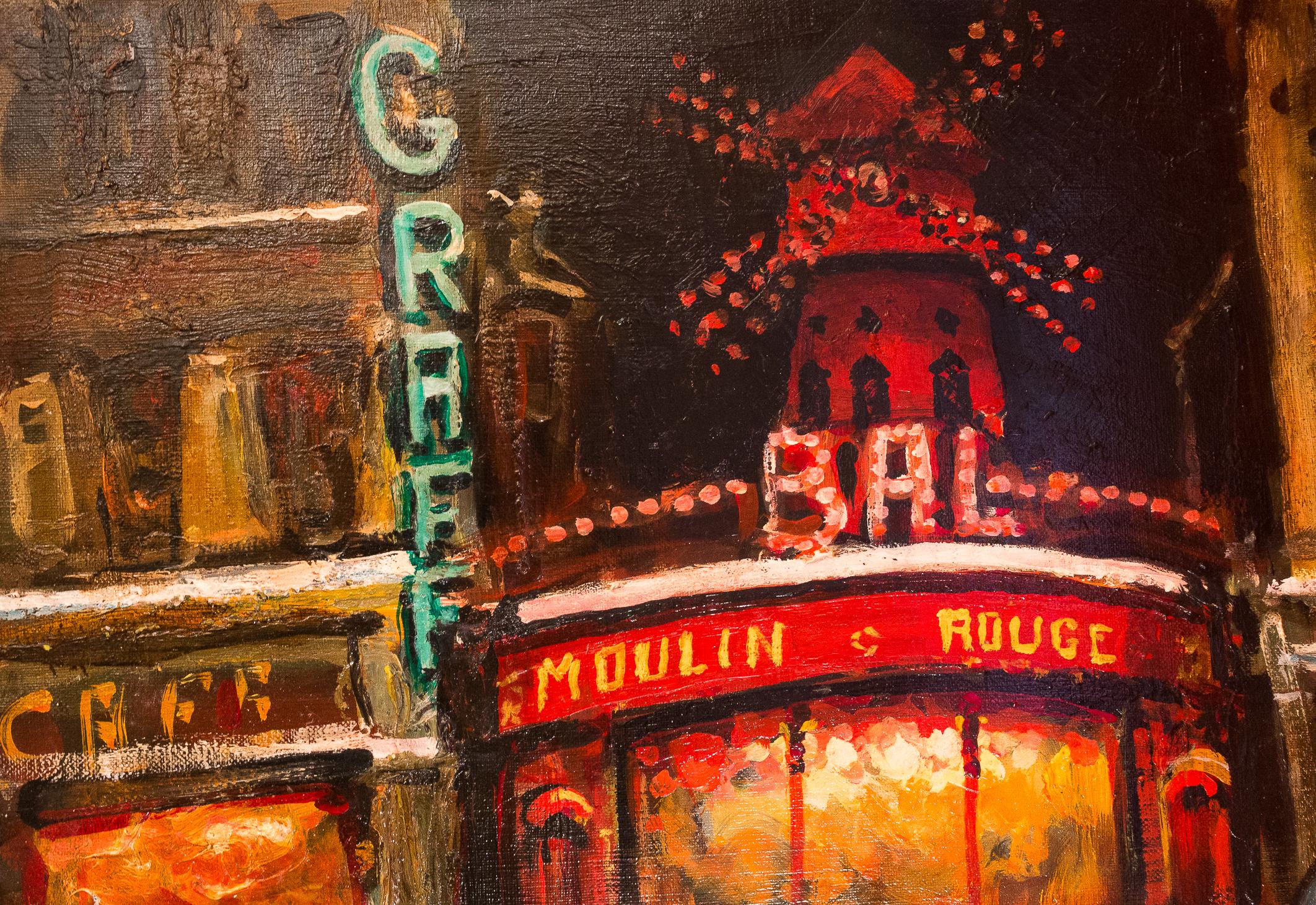 Painted Lourenco Armand Oil on Canvas Paris View of the Moulin Rouge For Sale