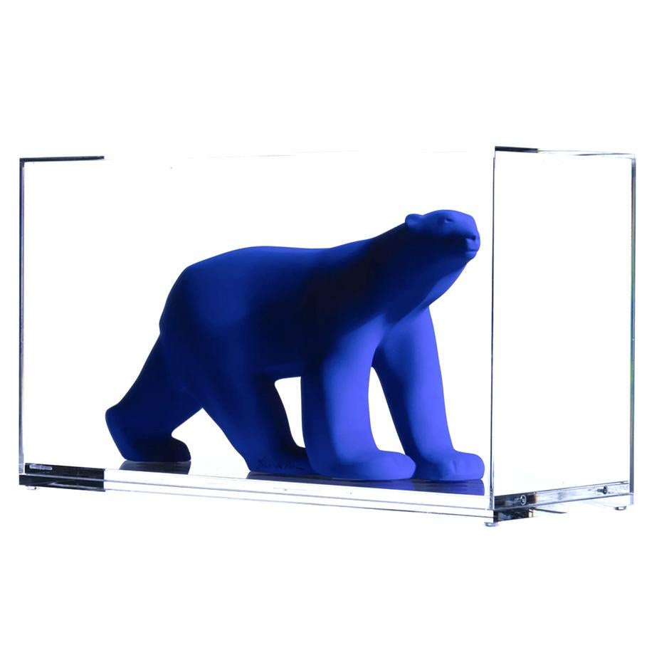 hand-made resin bear with International Klein Blue (IKB) pigment
acrylic box: 10.63 x 7.48 x 19.29 inches
edition size:  999 with 199 APs
individual number inlaid under the right hind leg
signed, numbered, and with two stamped COAs
published by