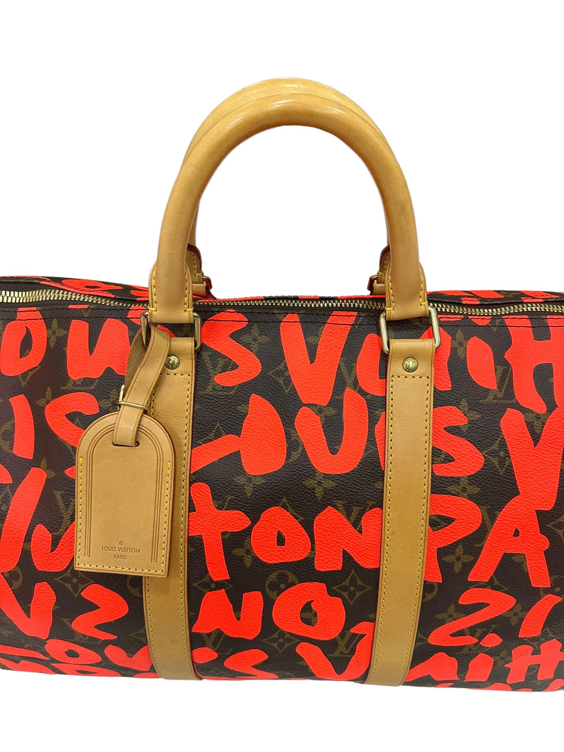 

Louis Vuitton travel bag, Keepall model, size 50, limited edition in collaboration with Steve Sprouse. Made in the classic monogram canvas of the maison and enriched by an orange graffiti print, with inserts in cowhide and golden hardware.