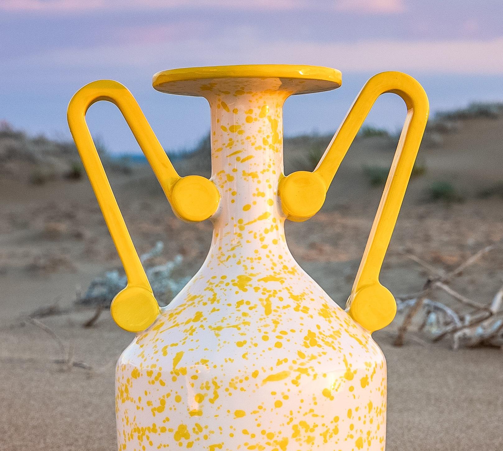 Post-Modern Loutrophoros Decorative Vase in Yellow Marbled Ceramic by Stella Orlandino For Sale