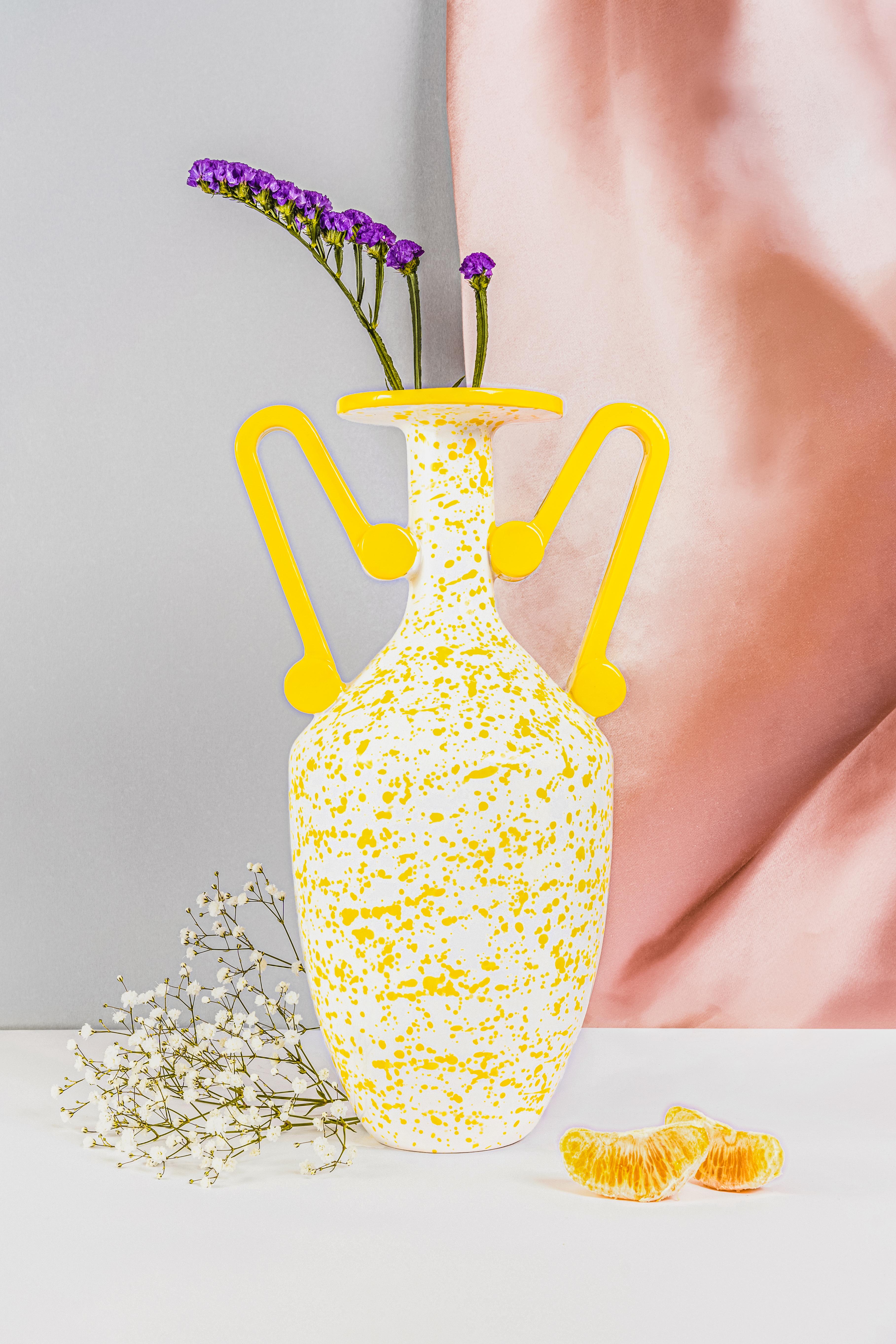 Contemporary Loutrophoros Decorative Vase in Yellow Marbled Ceramic by Stella Orlandino For Sale