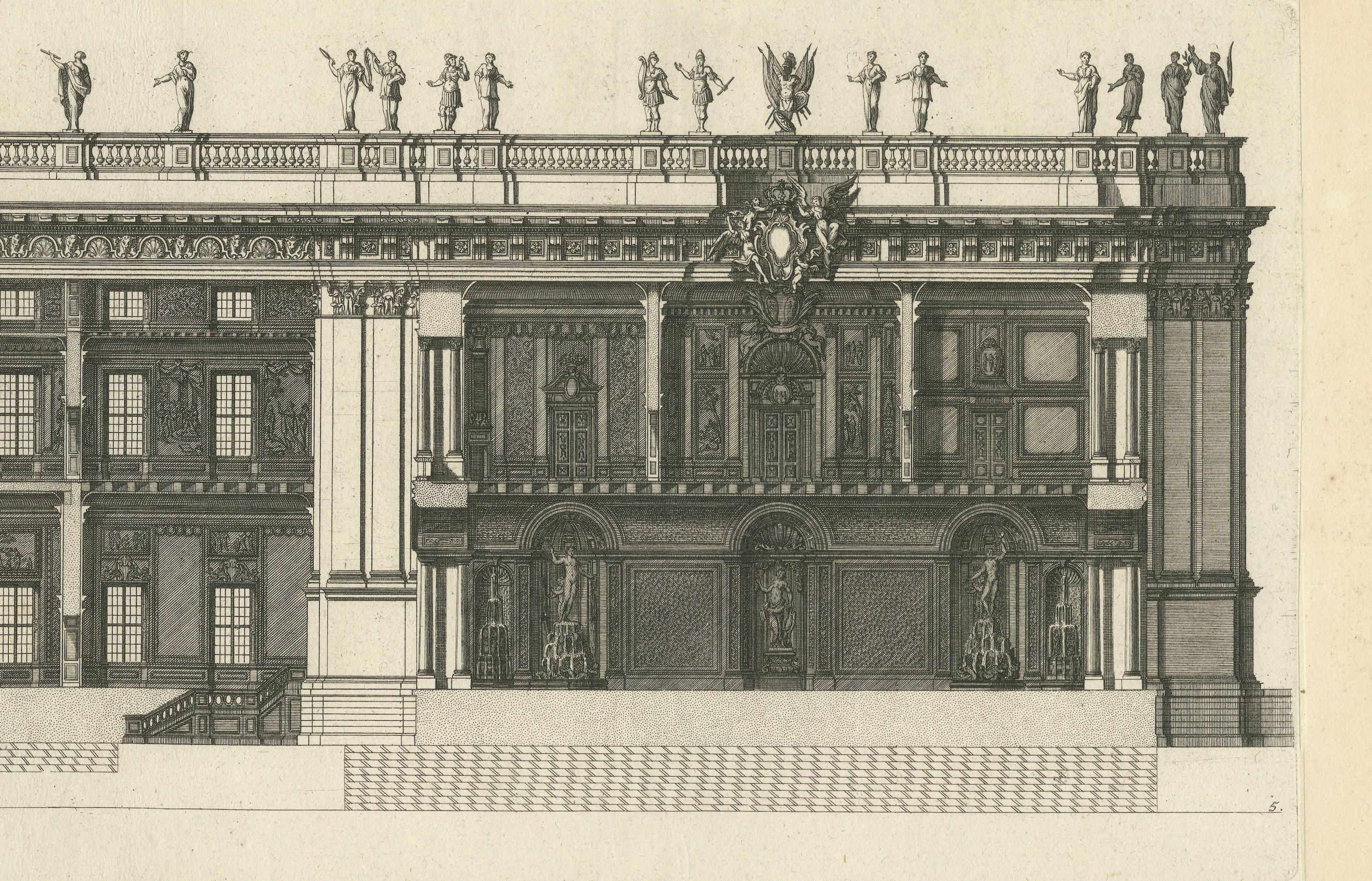 Fassade des Louvre Grande Galerie - Antiker Architekturstich, Marot um 1670 (17. Jahrhundert) im Angebot