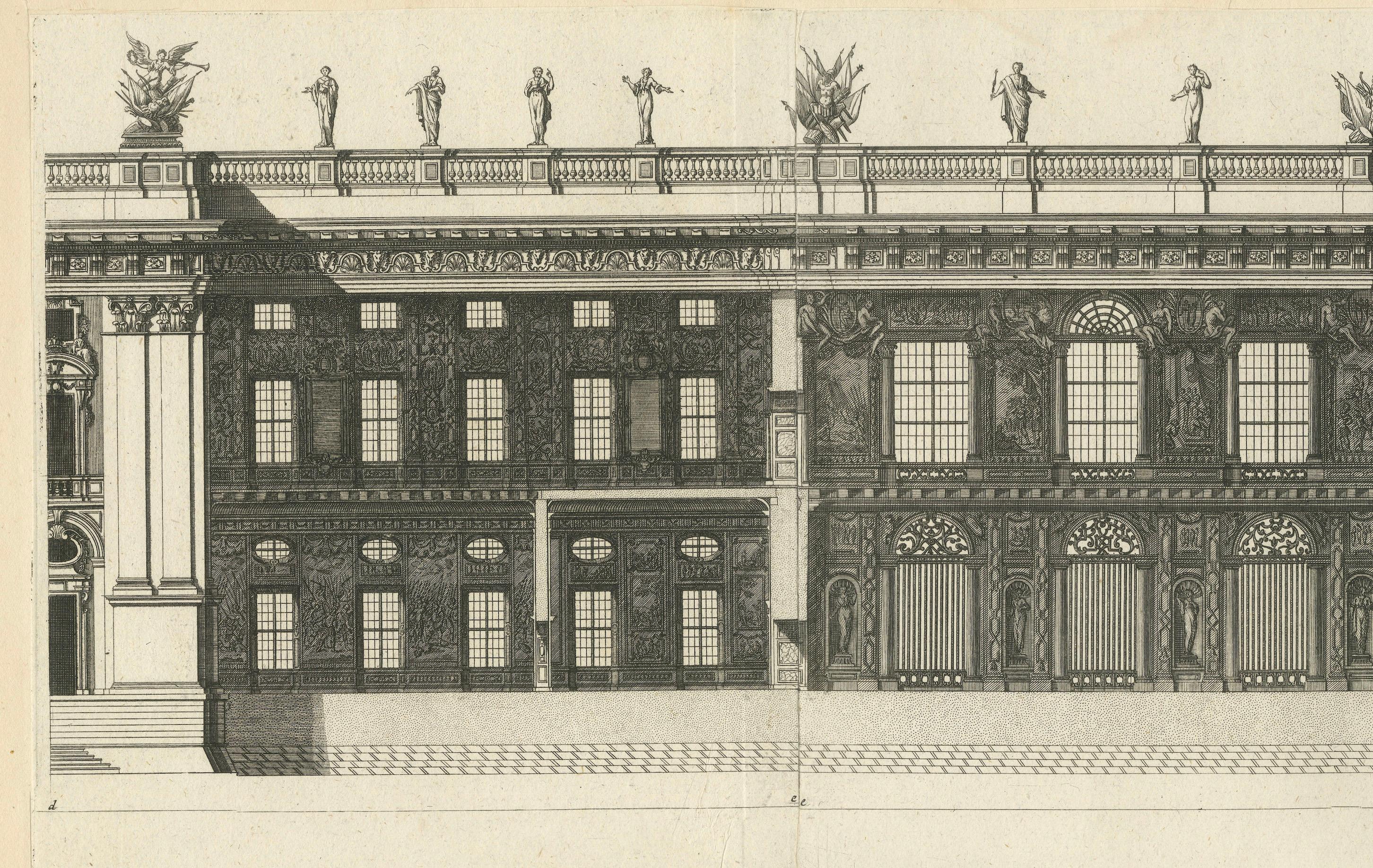 Fassade des Louvre Grande Galerie - Antiker Architekturstich, Marot um 1670 (Papier) im Angebot