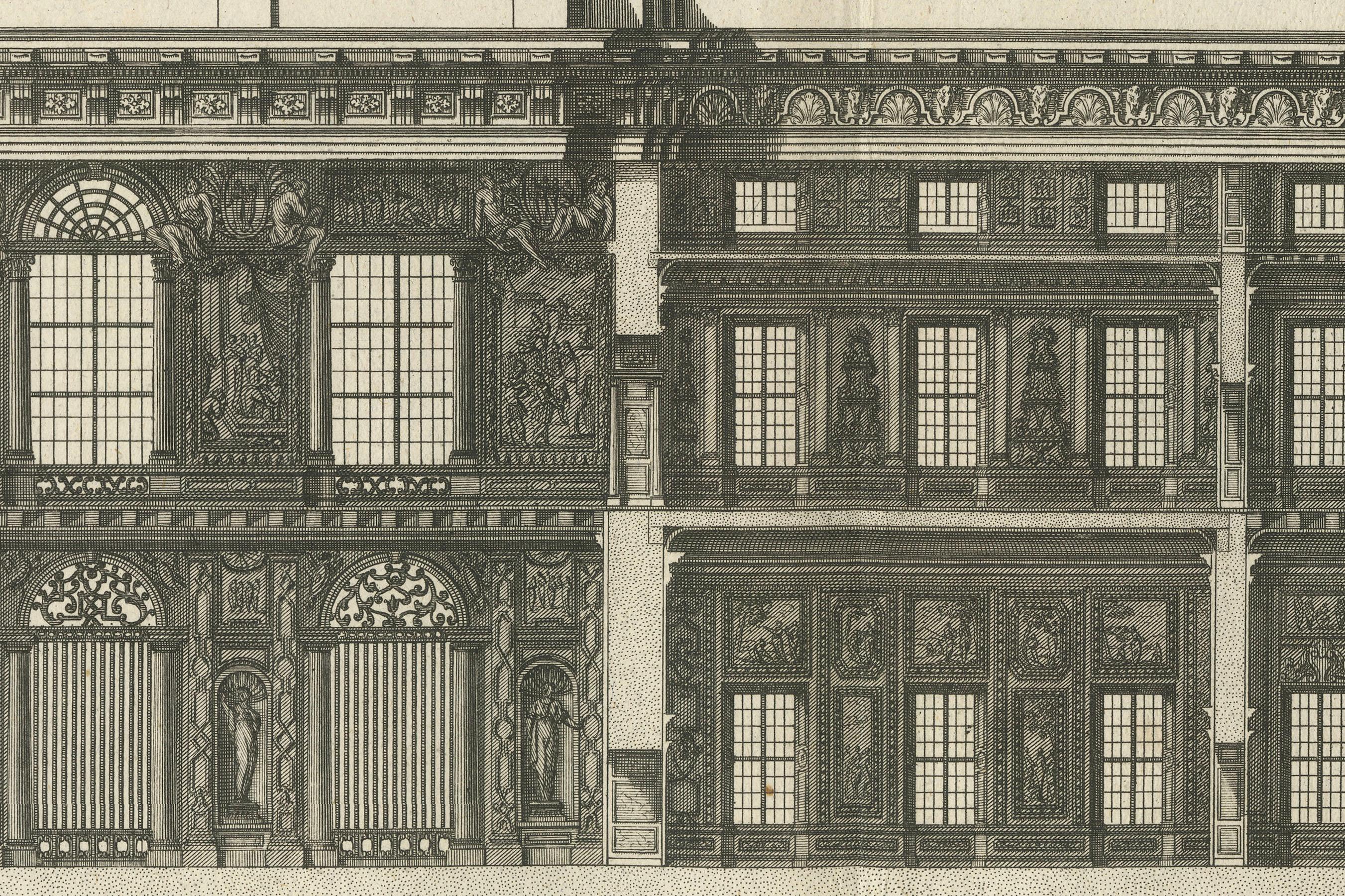 Fassade des Louvre Grande Galerie - Antiker Architekturstich, Marot um 1670 im Angebot 1