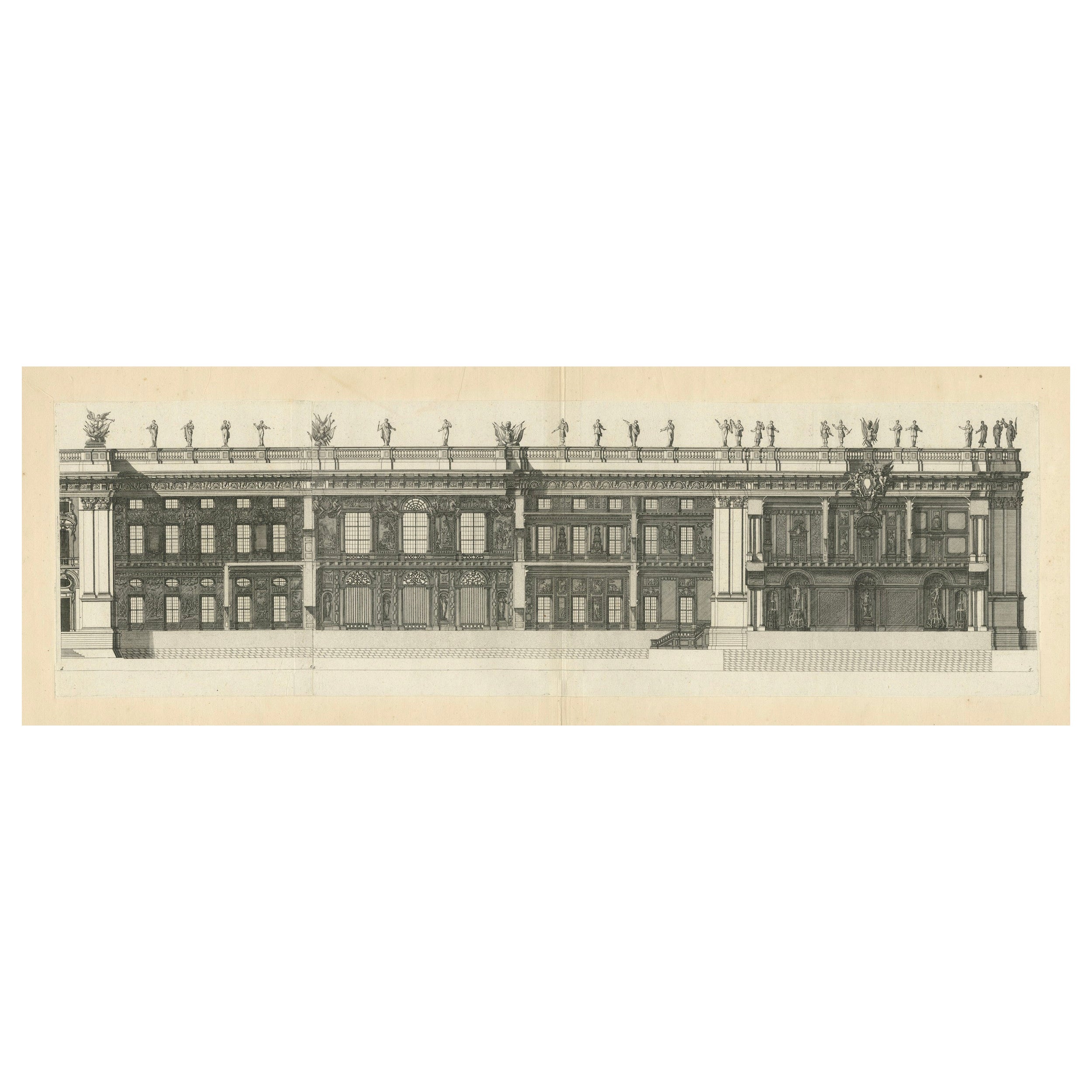 Fassade des Louvre Grande Galerie - Antiker Architekturstich, Marot um 1670 im Angebot