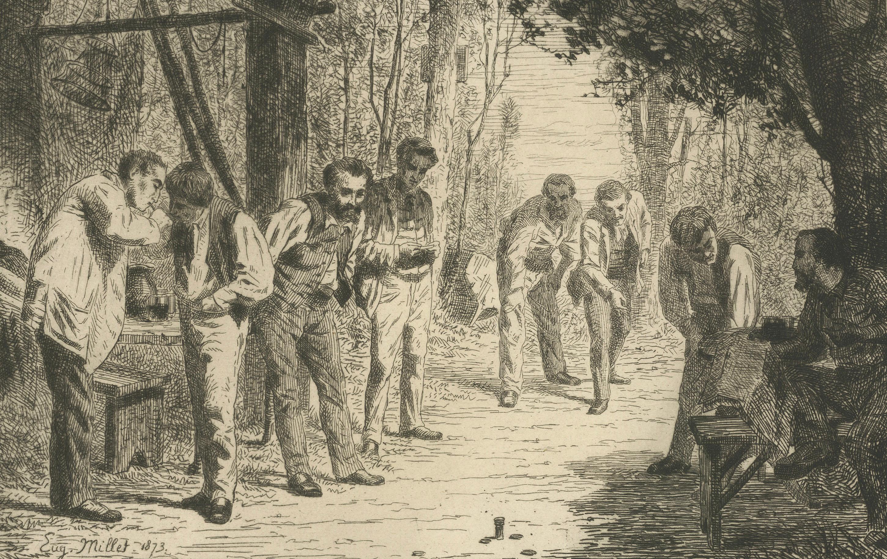 L'Ouvrier (The Worker) Playing Boules by Eugène Henri Millet, Published in 1873 In Good Condition For Sale In Langweer, NL