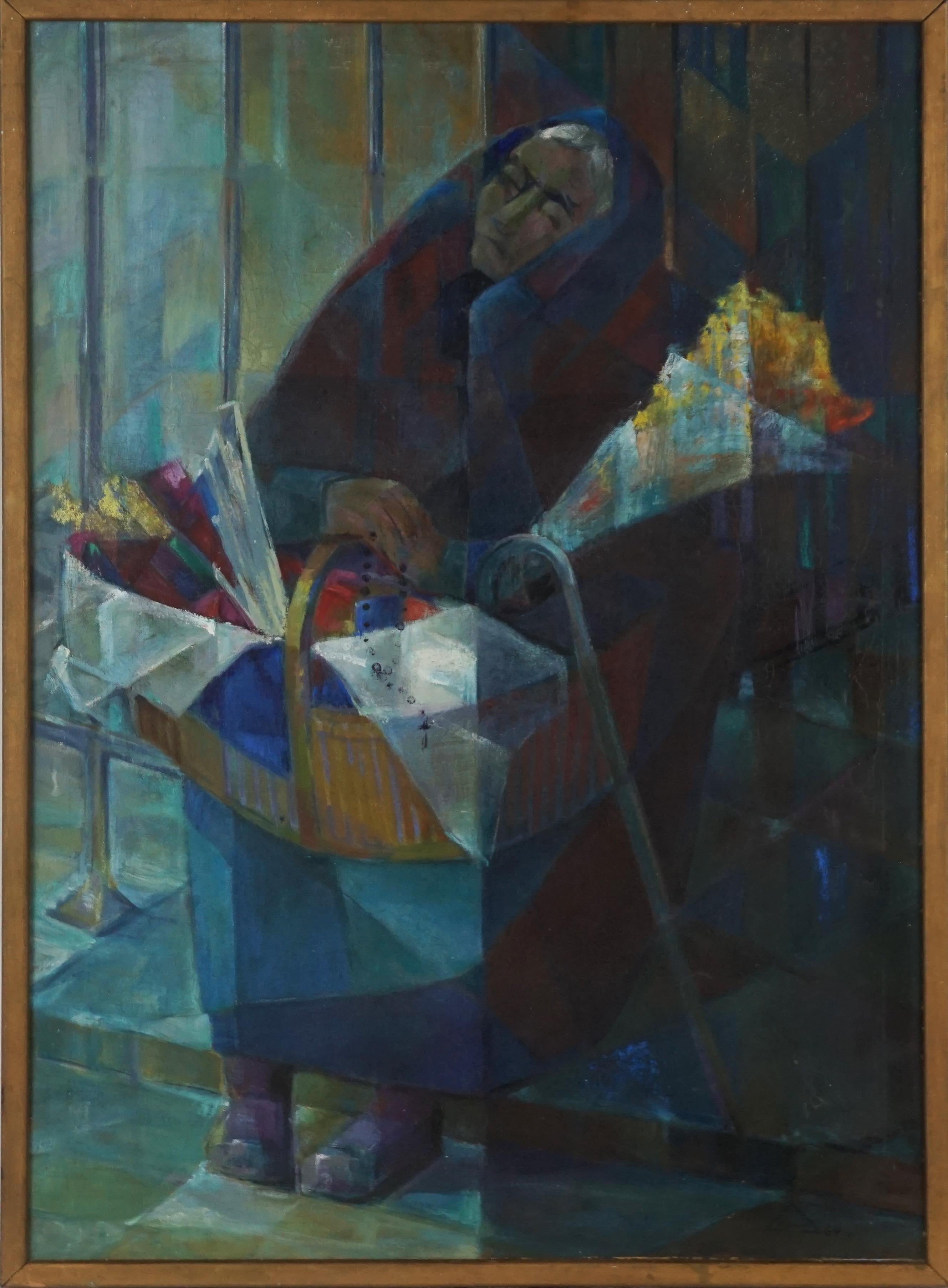 Wonderful mid century cubist figurative of older woman with flowers and basket in style of Jacques Villon (French, 1875 - 1963). Signature (Possibly 